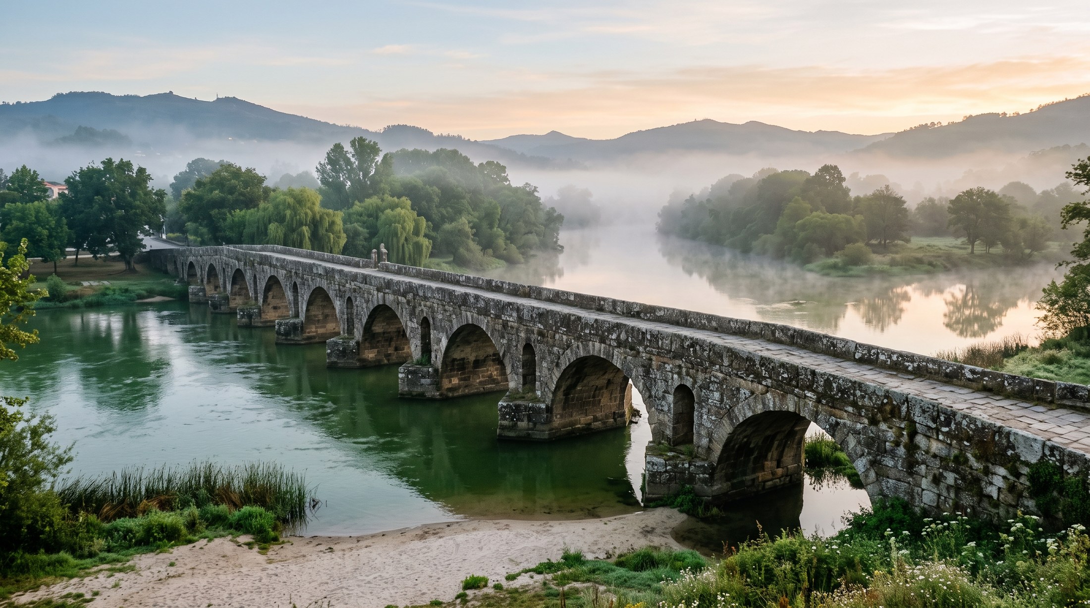 Les arches basses et massives en granit du pont romain de Ponte de Lima enjambant le fleuve Lima, pierre usée par les siècles, bancs de sable pâle et eau verte, brume matinale sur les saules du Minho