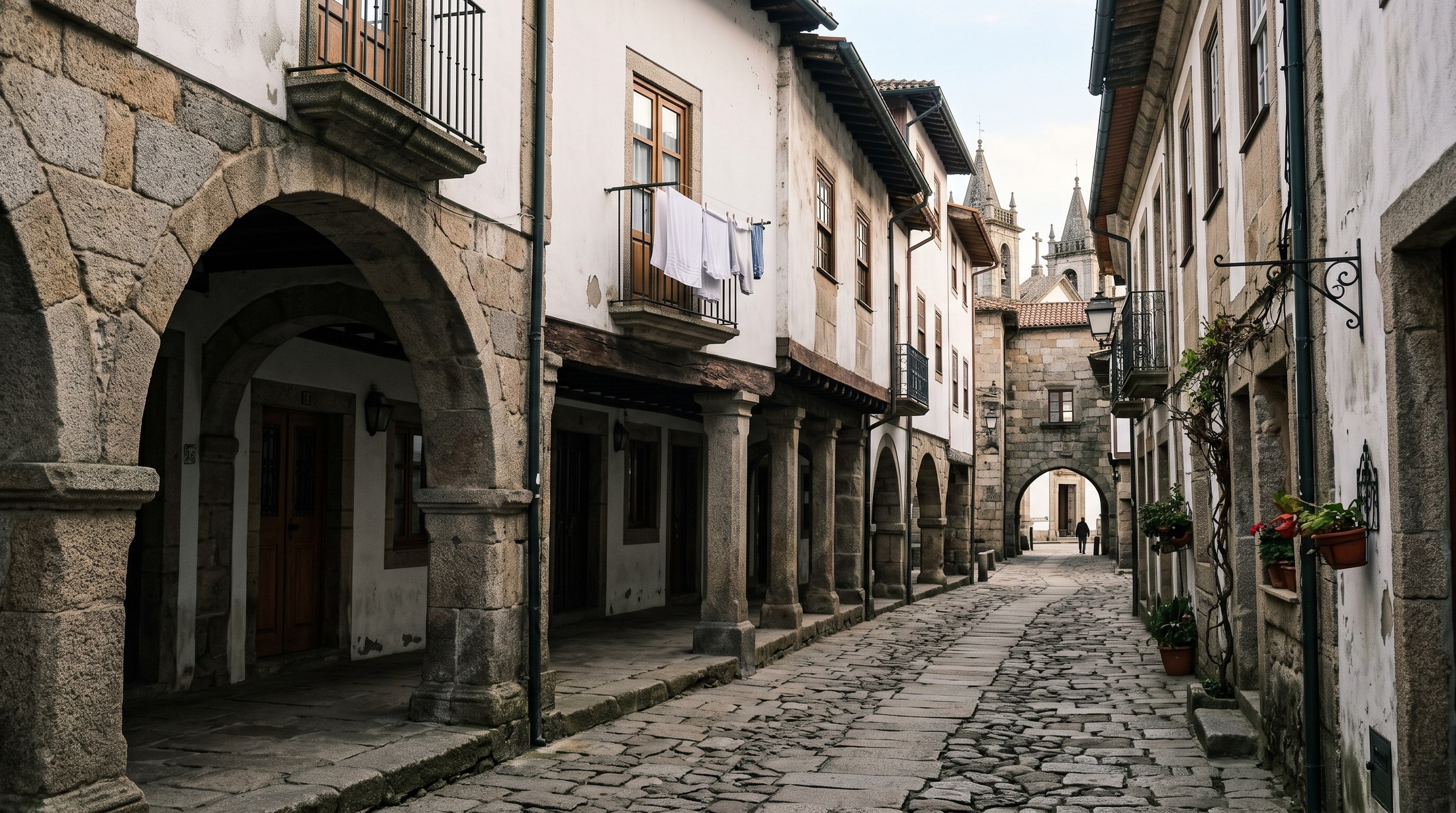 Ruelles pavées et arcades de granit de la vieille ville médiévale de Ponte de Lima, façades anciennes, linge aux fenêtres, lumière douce filtrant sous les arches, atmosphère historique et paisible
