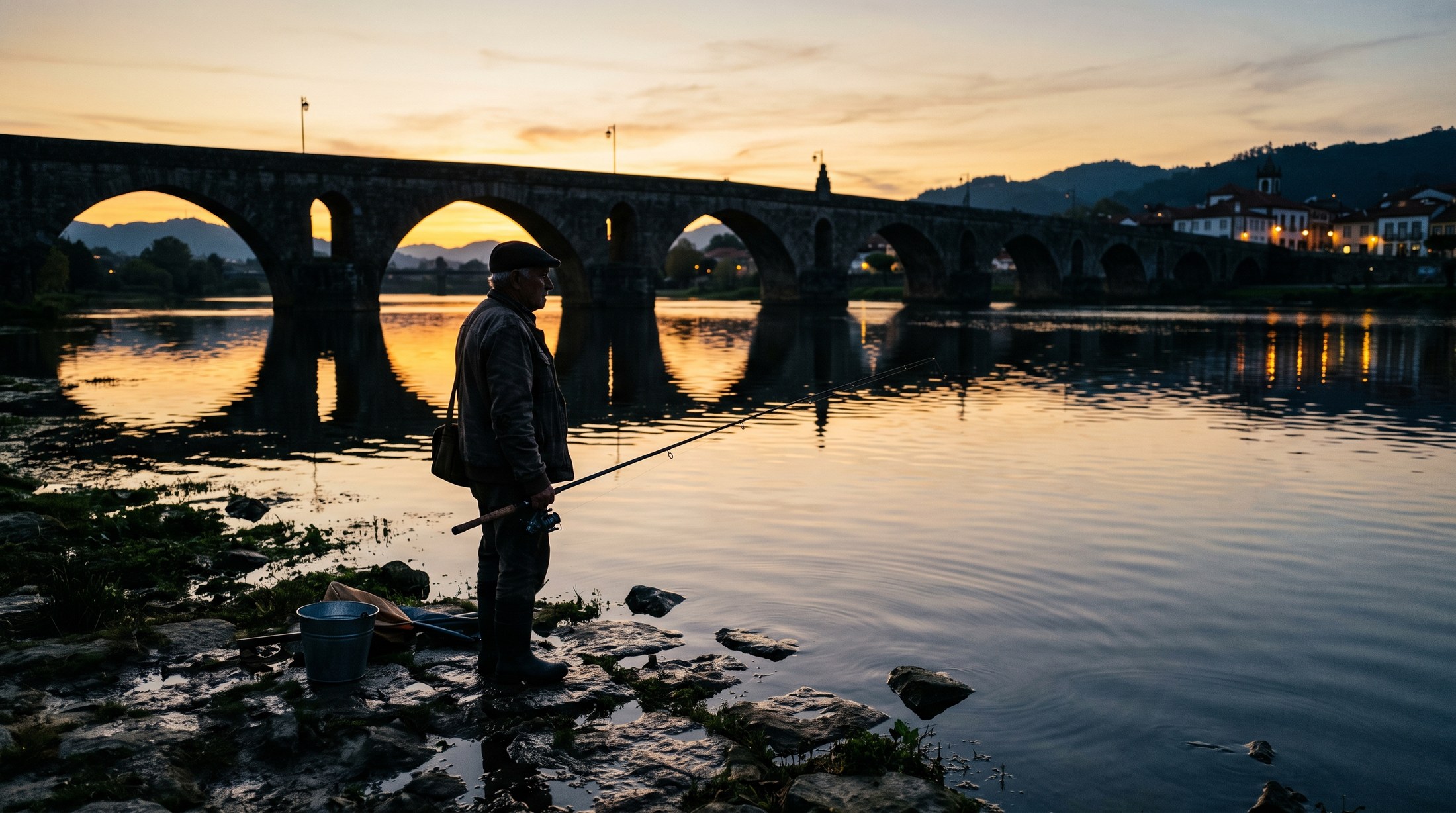 Un vieux pêcheur du Minho en casquette au bord du fleuve Lima au crépuscule, silhouette contre les arches du pont de Ponte de Lima, lumière dorée de fin de journée, reflets sur l'eau calme