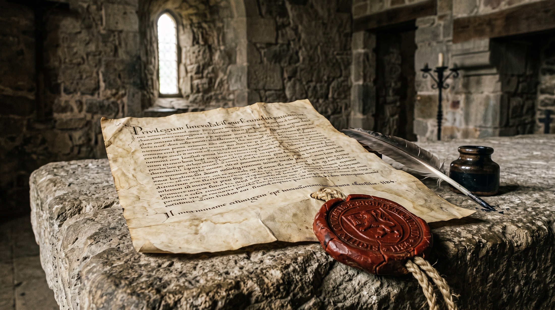 Reconstitution éditoriale d'une scène médiévale du XIIe siècle, une charte de fondation de ville scellée sur un parchemin posé sur une table de pierre, sceau de cire, plume et encrier, lumière tamisée d'une salle romane