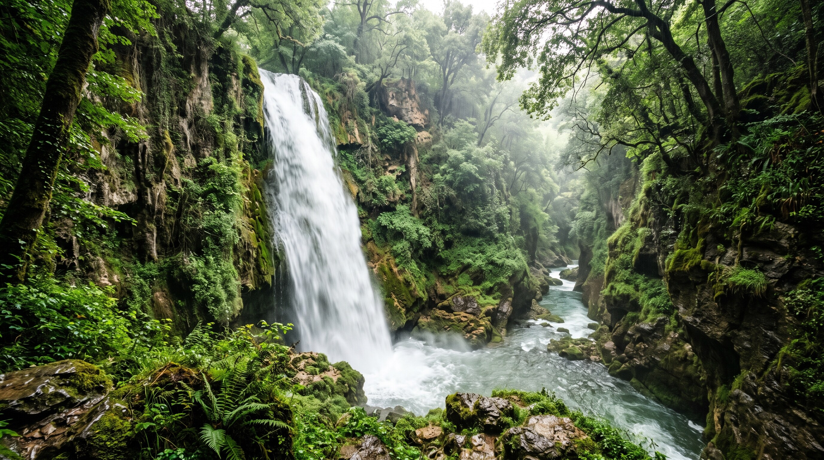 Cascade de la Cola de Caballo au monastère de Piedra, chute d'eau de cinquante mètres tombant dans une gorge couverte de mousse et de végétation, embruns et lumière