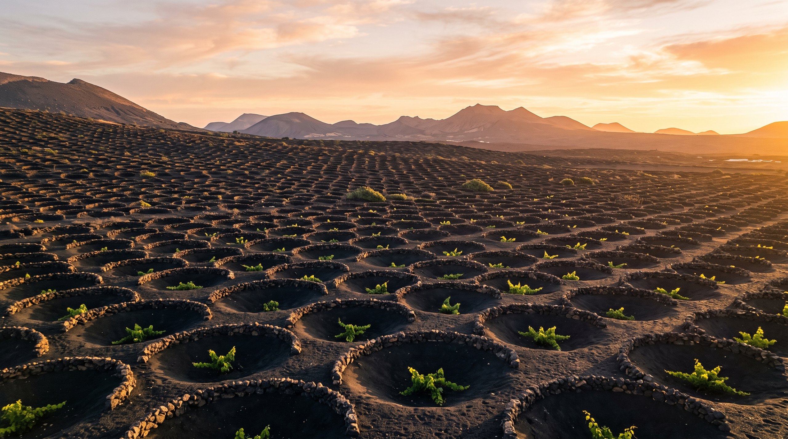 Vaste plaine de lave noire de La Geria à Lanzarote au lever du soleil, milliers de fosses coniques creusées dans le picón, chaque vigne protégée par un muret de pierre volcanique en demi-lune, lumière rasante et dorée