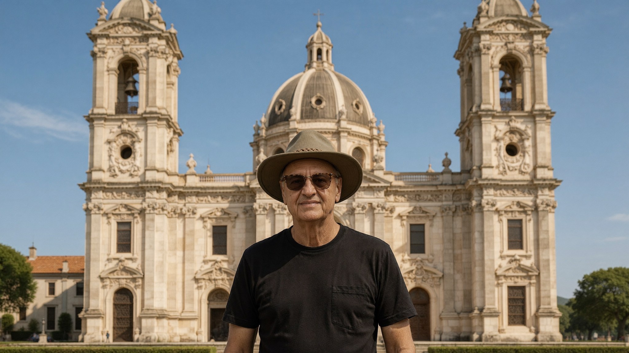 Lucas Lunes devant le couvent-palais de Mafra, Estremadura, Portugal