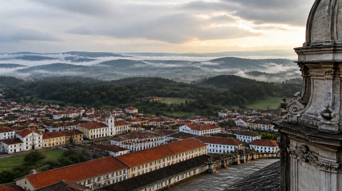 Vue depuis le sommet d'une tour du couvent de Mafra sur les collines brumeuses de l'Estremadura portugaise, toits du bourg en contrebas, ciel bas d'automne, ambiance contemplative, aucune personne au premier plan