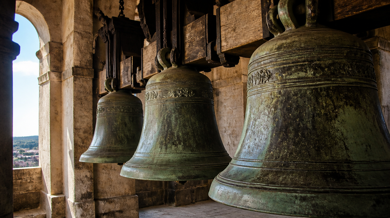 Couvent de Mafra, Portugal, vue rapprochée des cloches de bronze baroques suspendues dans la charpente de pierre d'une des deux tours du carillon, patine verte et brune du métal, lumière rasante, aucune personne