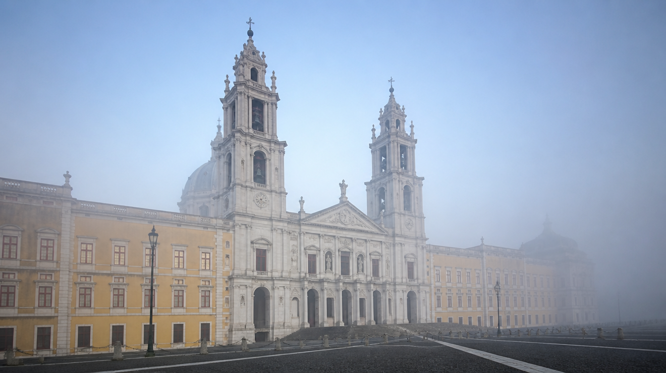 La façade monumentale en granit clair du couvent-palais de Mafra sous une brume matinale, ses deux tours symétriques encadrant la basilique baroque, lumière froide d'automne, aucune personne au premier plan