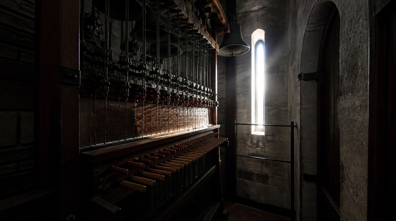 Intérieur d'une tour du carillon de Mafra, clavier à bâtons de bois du carillonneur relié par un réseau de tringles et de câbles montant vers les cloches, pénombre, rai de lumière par une ouverture étroite, aucune personne