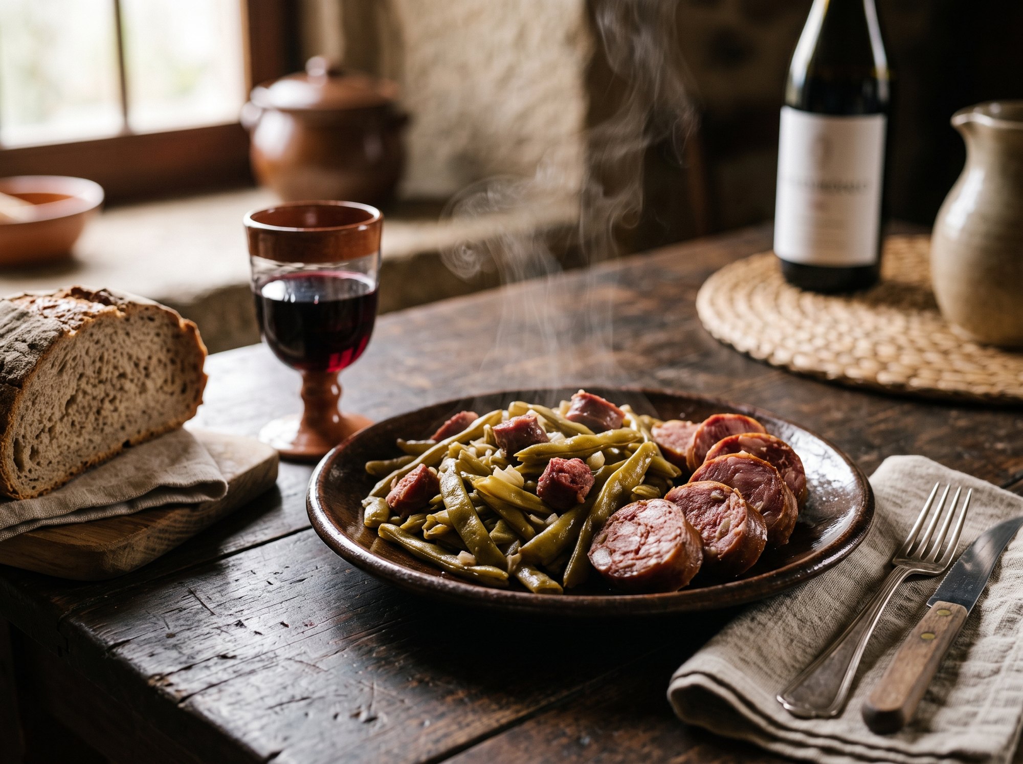 Butelo com casulas, plat d'hiver transmontain : boudin de porc fumé et gousses de haricot séchées, avec pain de seigle et vin rouge du Douro