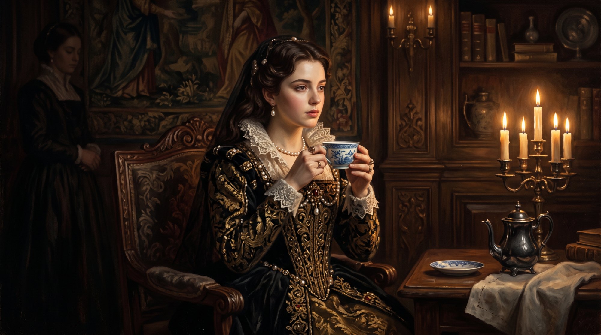 Portrait d'ambiance évoquant Catarina de Bragance, jeune infante portugaise du XVIIe siècle en robe de cour sombre tenant une tasse de thé, lumière feutrée, atmosphère de tableau ancien
