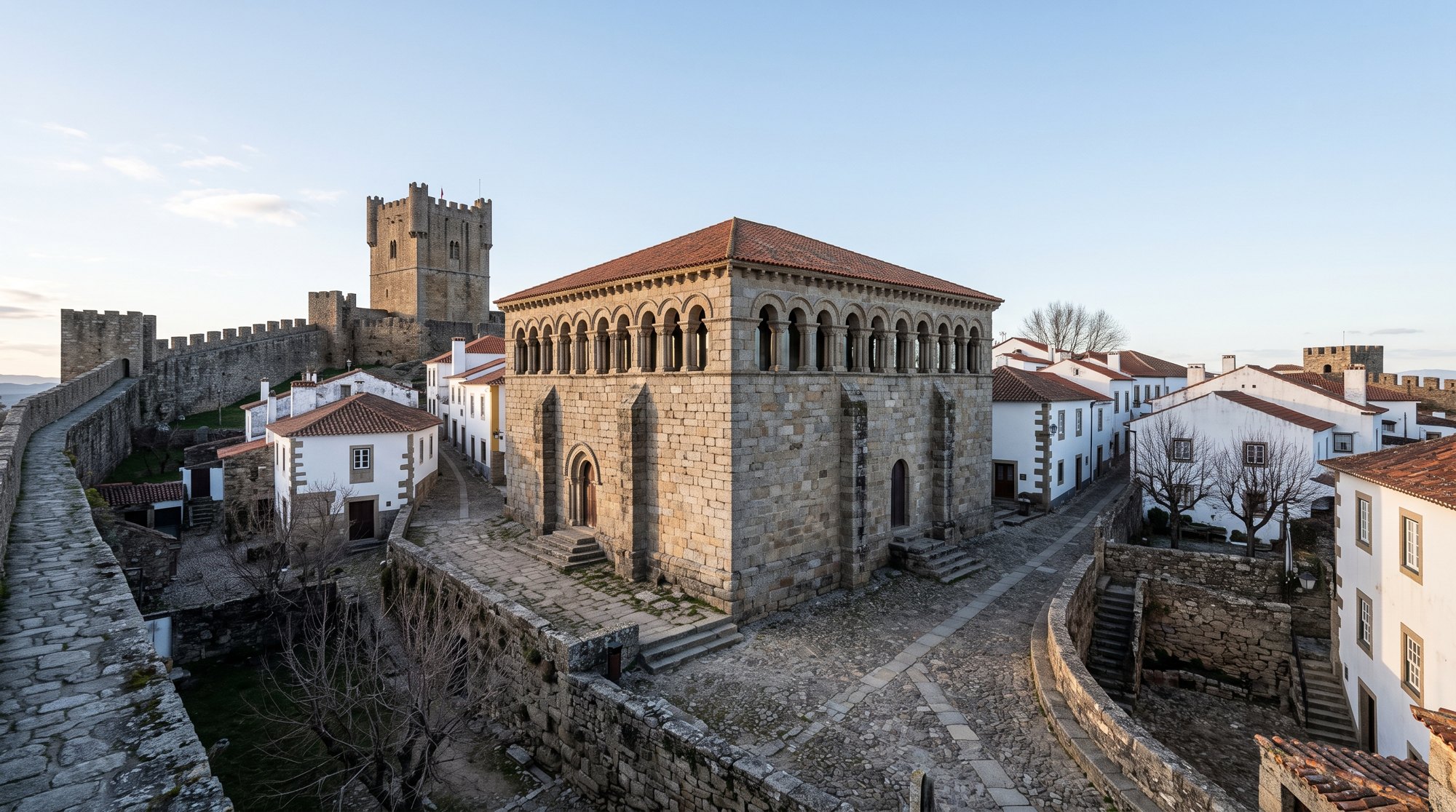 La Domus Municipalis de Bragança, bâtiment roman pentagonal en granit gris à galerie haute percée de fenêtres en plein cintre, à l'intérieur de la citadelle, sous un ciel d'hiver clair