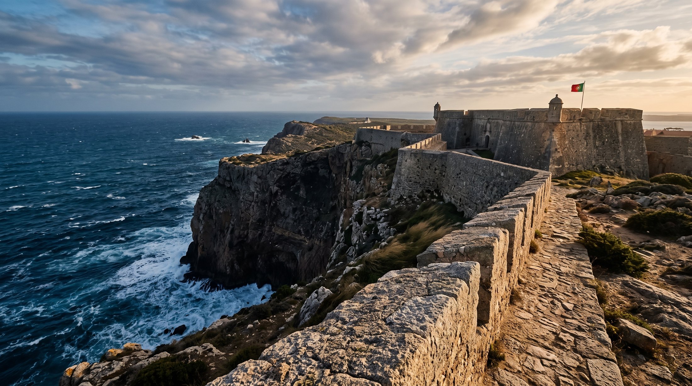 Remparts de granit de la forteresse de Sagres balayés par le vent au bord de la falaise, lumière rasante de fin d