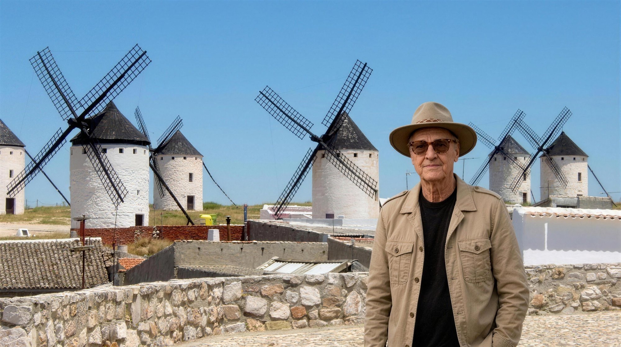 Lucas Lunes devant les moulins à vent de Campo de Criptana, Castille-La Manche, Espagne