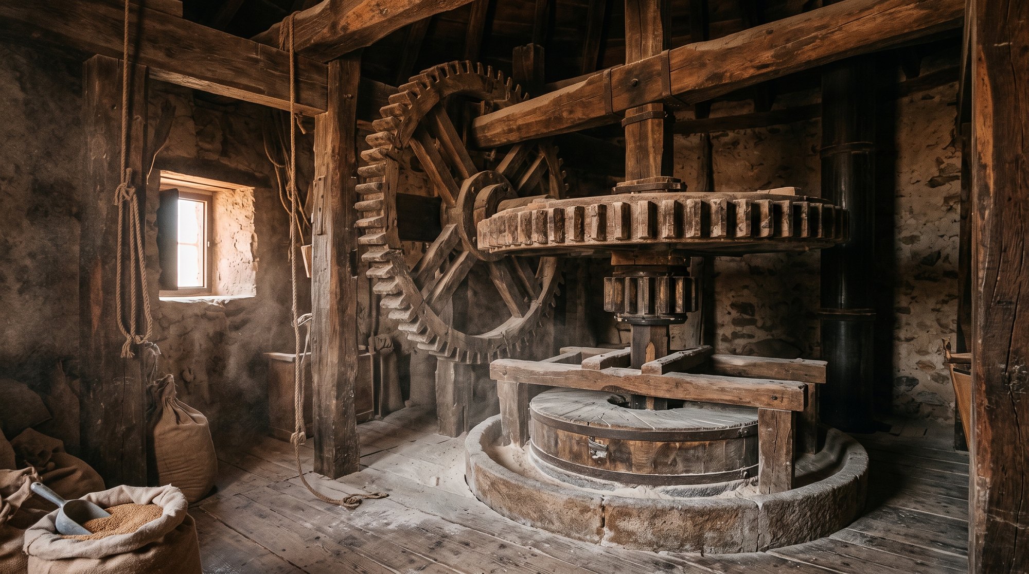 Intérieur d'un moulin à vent du XVIe siècle à Campo de Criptana, grand engrenage de bois patiné reliant l'axe des ailes à la meule de pierre, lumière chaude et poussière de farine