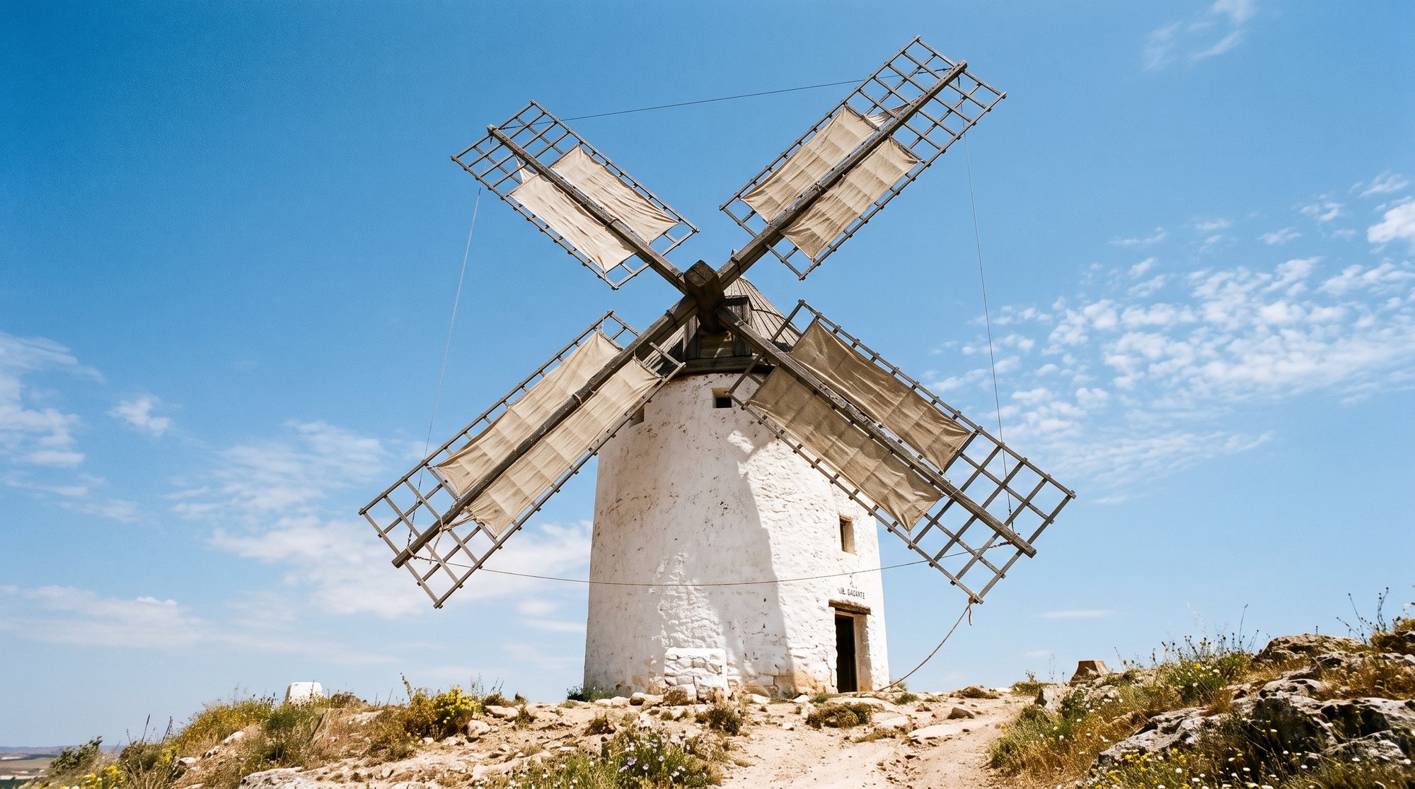 Un moulin à vent de la Manche vu en contre-plongée depuis le sol, ailes de toile déployées se découpant sur un ciel clair, silhouette évoquant un géant menaçant