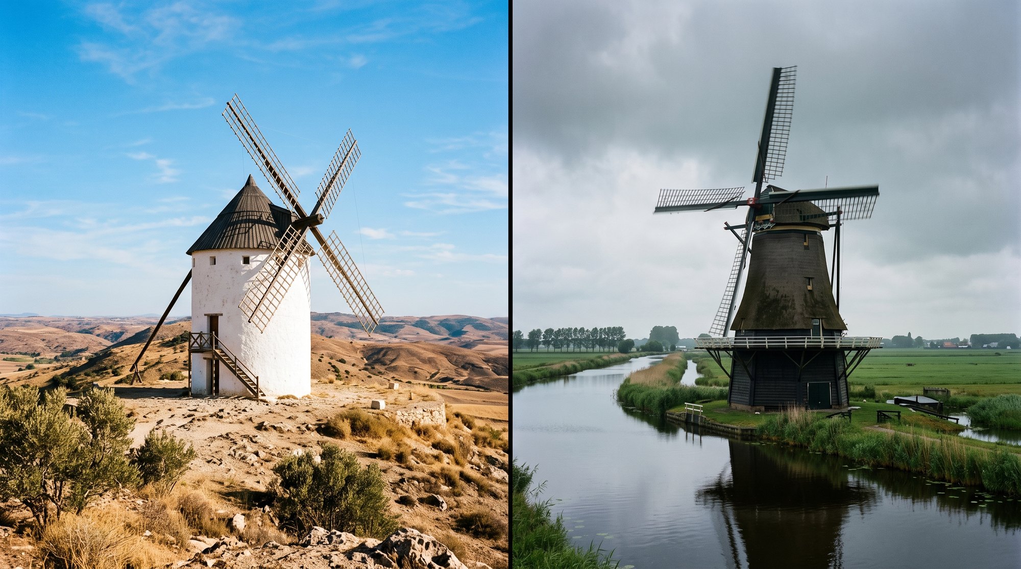 Comparaison visuelle de deux moulins à vent, l'un sur une crête aride de Castille, l'autre au bord d'un canal des Pays-Bas sous un ciel gris et humide