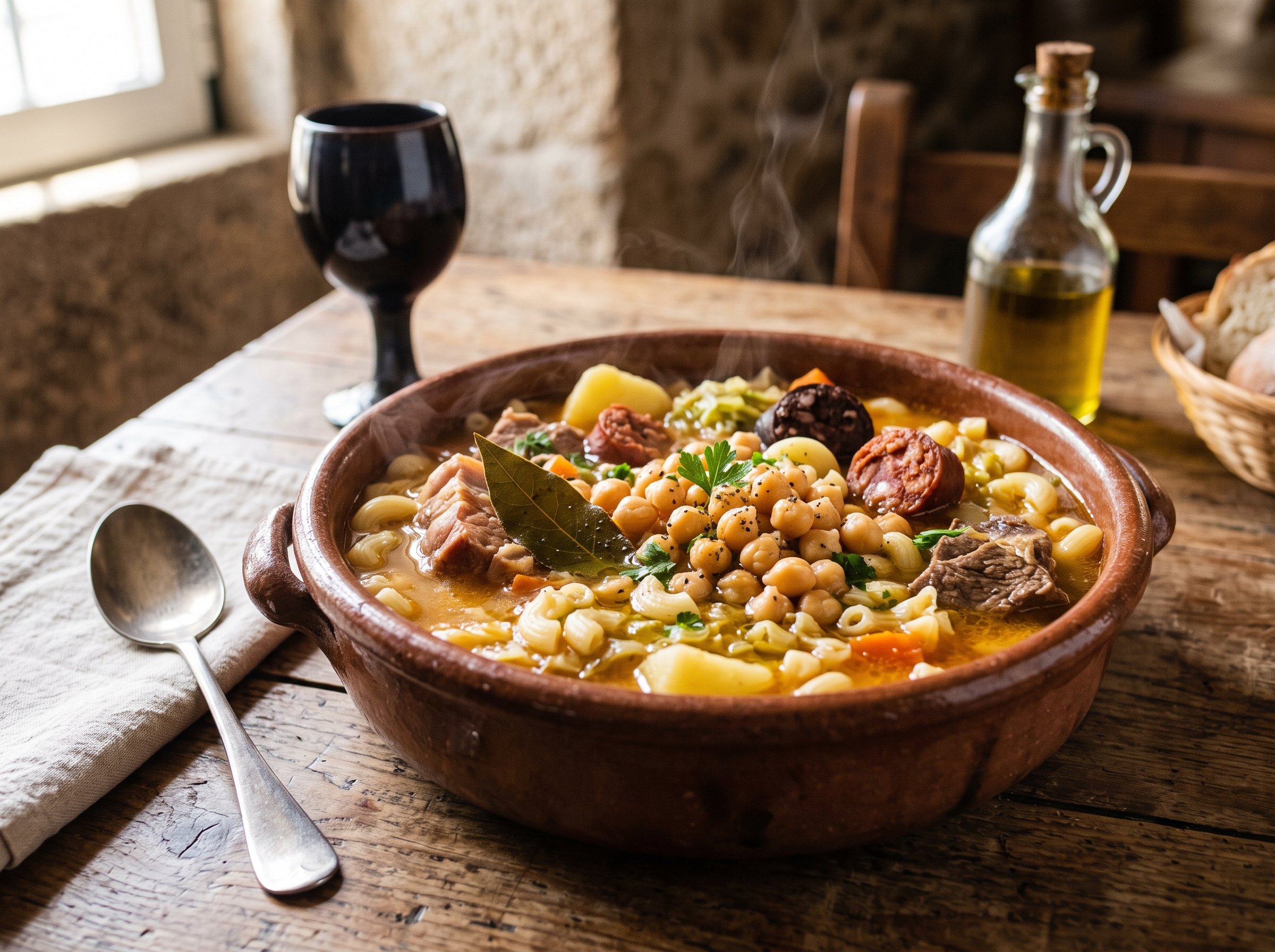 Rancho à moda de Viseu, plat traditionnel de viandes et pois chiches servi dans un plat de terre, avec un verre de vin rouge du Dão, Beira, Portugal