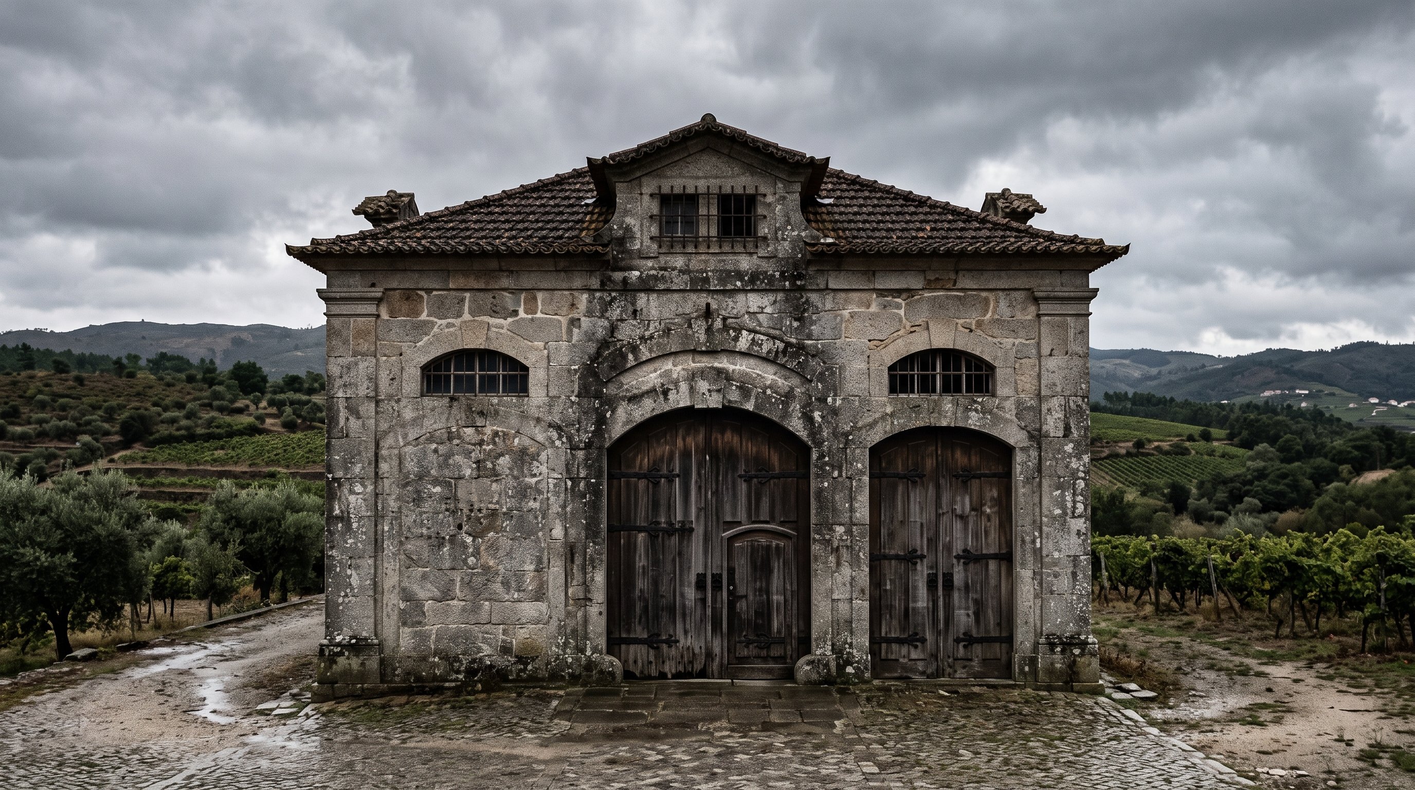 Ancienne cave coopérative en pierre de granit du milieu du XXe siècle dans la région du Dão, façade austère et patinée, grandes portes de bois, ciel gris, atmosphère de long silence industriel