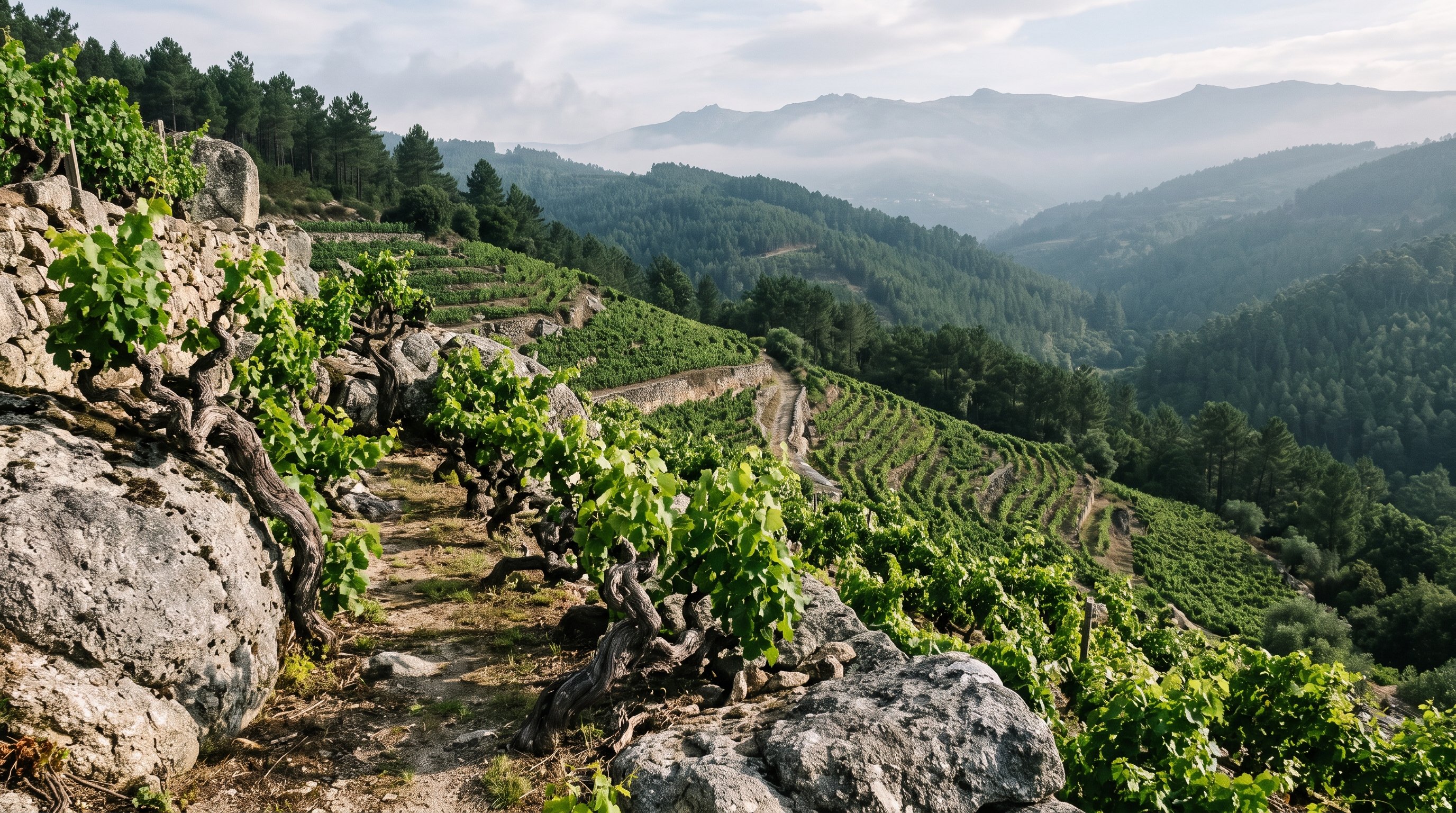Vignes basses et noueuses poussant entre des blocs de granit gris en terrasses, entourées de pinèdes, coteaux du Dão près de Viseu, lumière douce du matin, brume légère sur la Serra da Estrela au loin