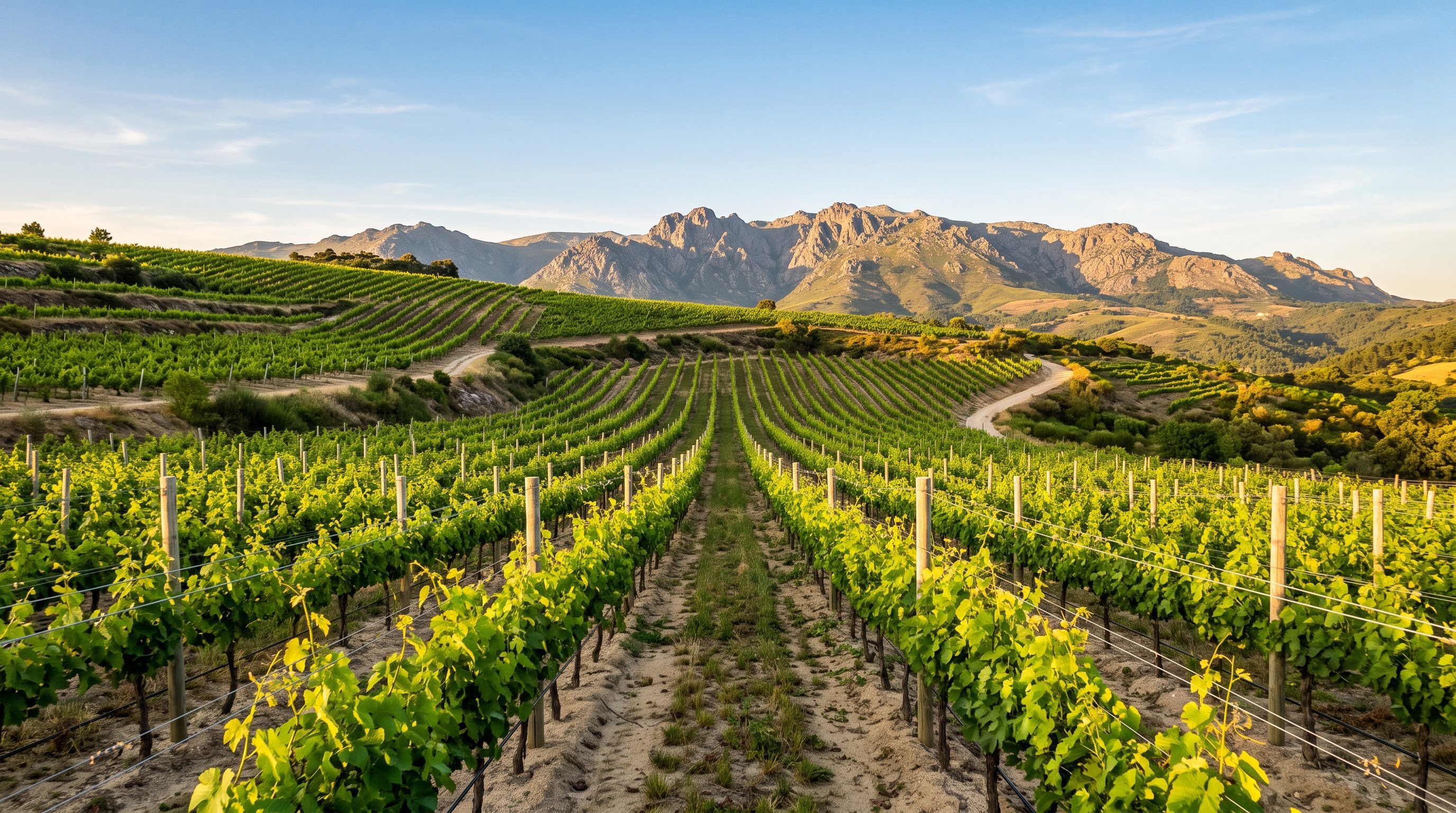 Rangs de vignes de Touriga Nacional bien alignés dans une quinta moderne du Dão, jeunes ceps vigoureux, au fond les sommets de la Serra da Estrela sous un ciel clair, fin d