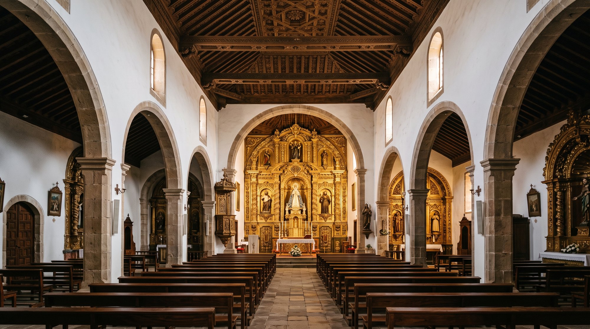 Intérieur de l'église de Santa María de Betancuria, trois nefs, plafond de bois d'inspiration mudéjare, retable baroque doré au fond, lumière tamisée par des vitraux étroits