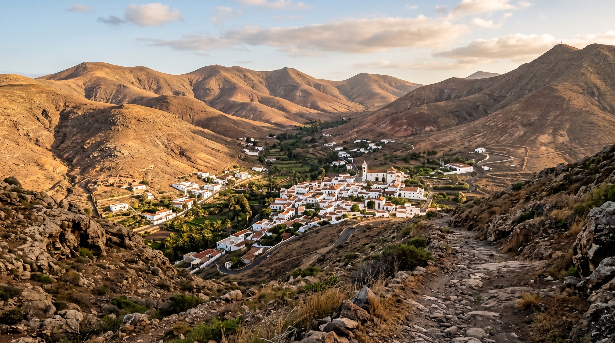 Vallée encaissée de Betancuria vue depuis les montagnes arides et rondes de Fuerteventura, petites maisons blanches groupées au fond, lumière dorée de fin de journée, aucune mer visible