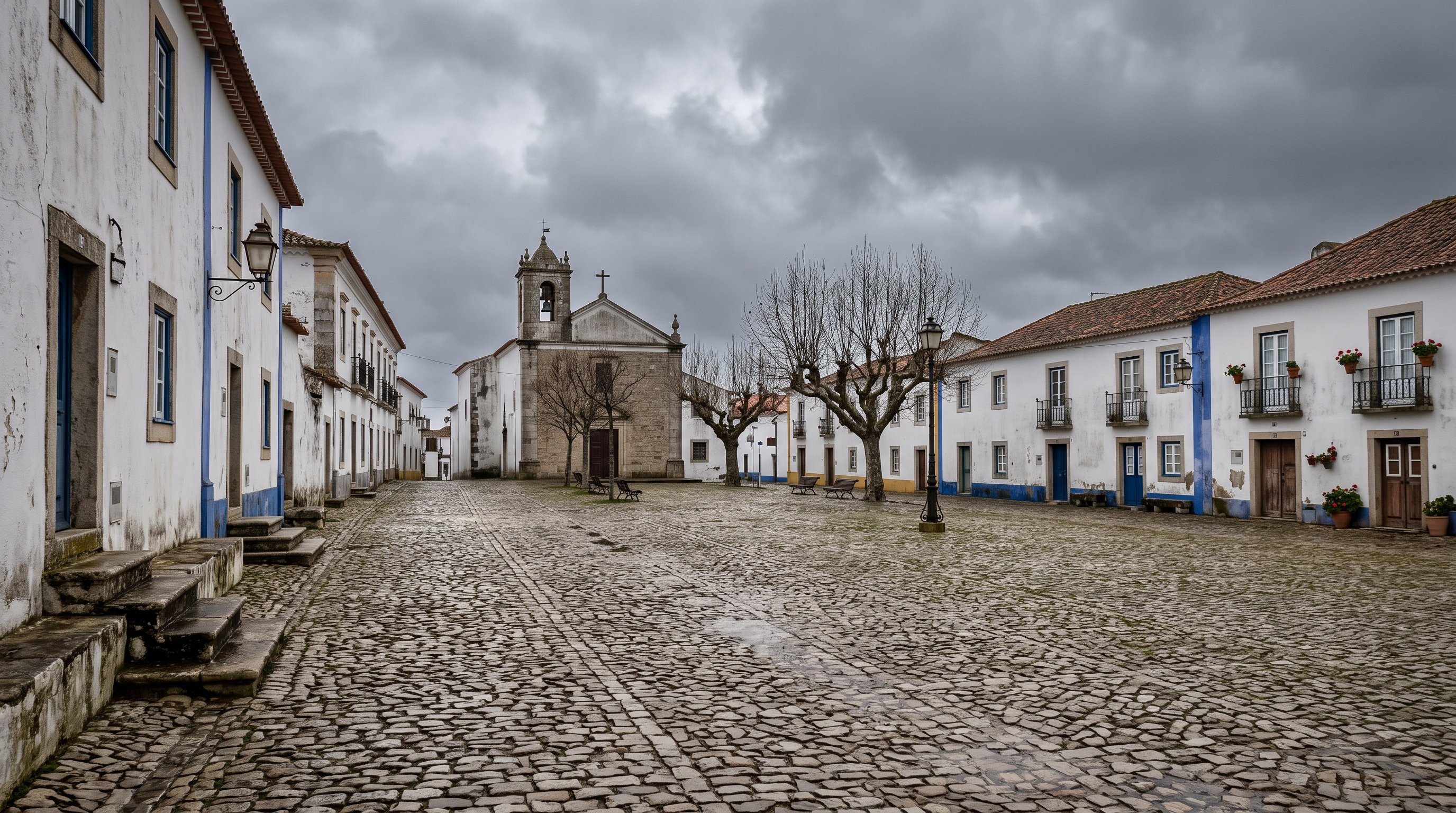 Place tranquille et vide d'un village portugais du Ribatejo là où se dressait autrefois un palais royal disparu, pavés anciens, maisons basses blanchies à la chaux, lumière grise de fin d'hiver, atmosphère de mémoire, aucune personne au premier plan