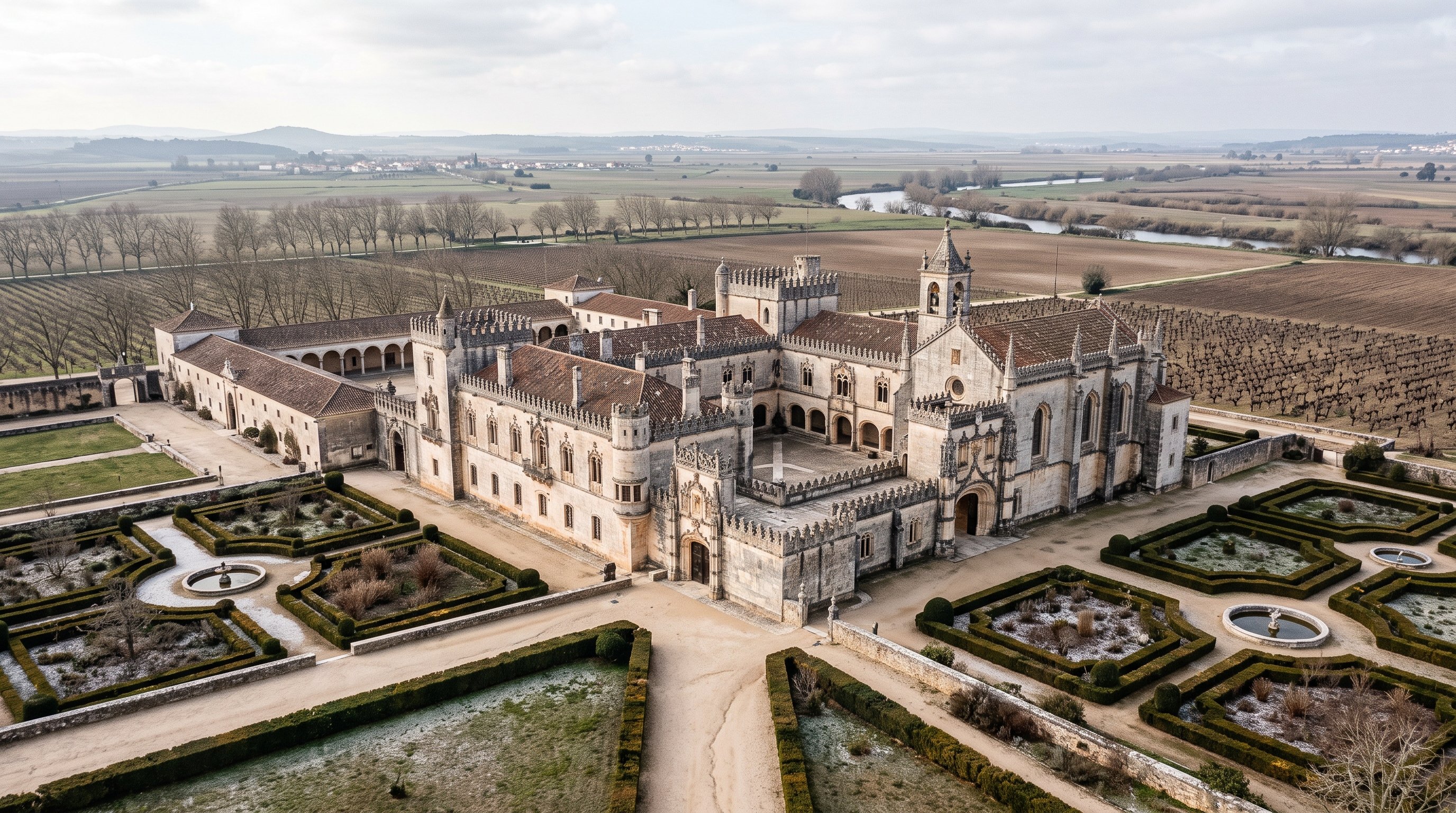 Reconstitution historique du palais royal d'Almeirim au XVIe siècle sous les rois d'Aviz, grand palais portugais de style manuélin avec chapelle et jardins, lumière douce d'hiver, plaine du Ribatejo en arrière-plan, aucune personne au premier plan