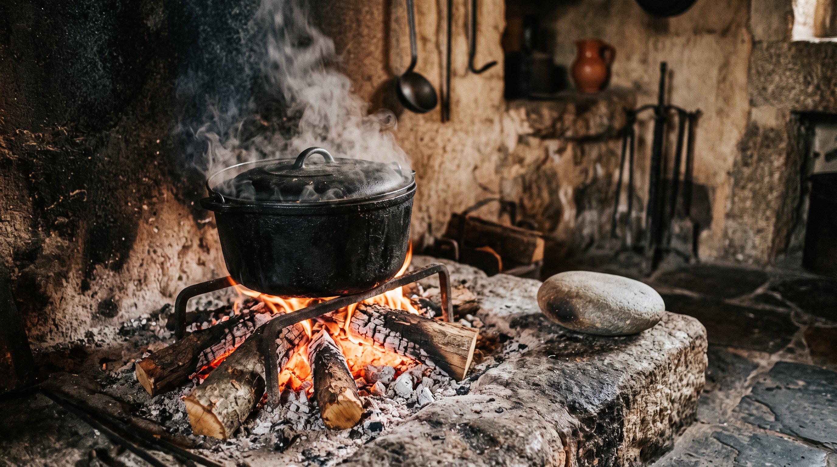 Vieille marmite noire en fonte posée sur des braises rougeoyantes dans une cuisine rustique portugaise, vapeur qui monte, pénombre chaude éclairée par le foyer, une pierre lisse posée près du feu, aucune personne visible