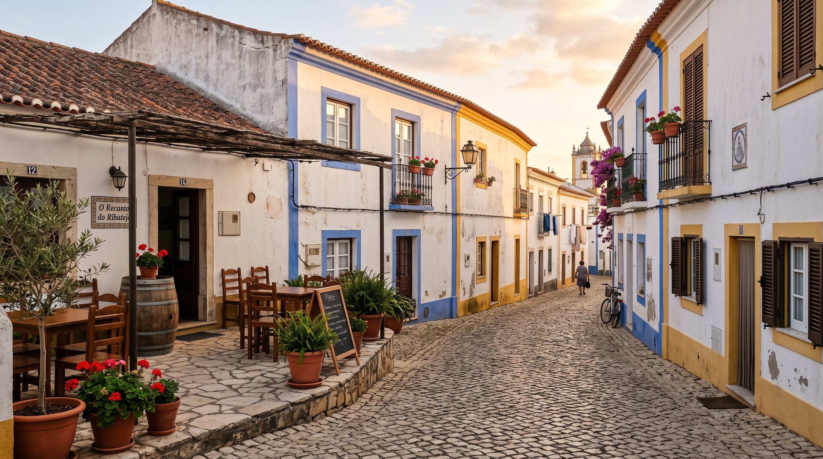 Rue paisible d'un village du Ribatejo à Almeirim en fin de journée, maisons basses blanchies à la chaux aux liserés colorés, terrasse d'une petite taverne, lumière chaude et dorée du soir, vie de village tranquille, aucune personne au premier plan