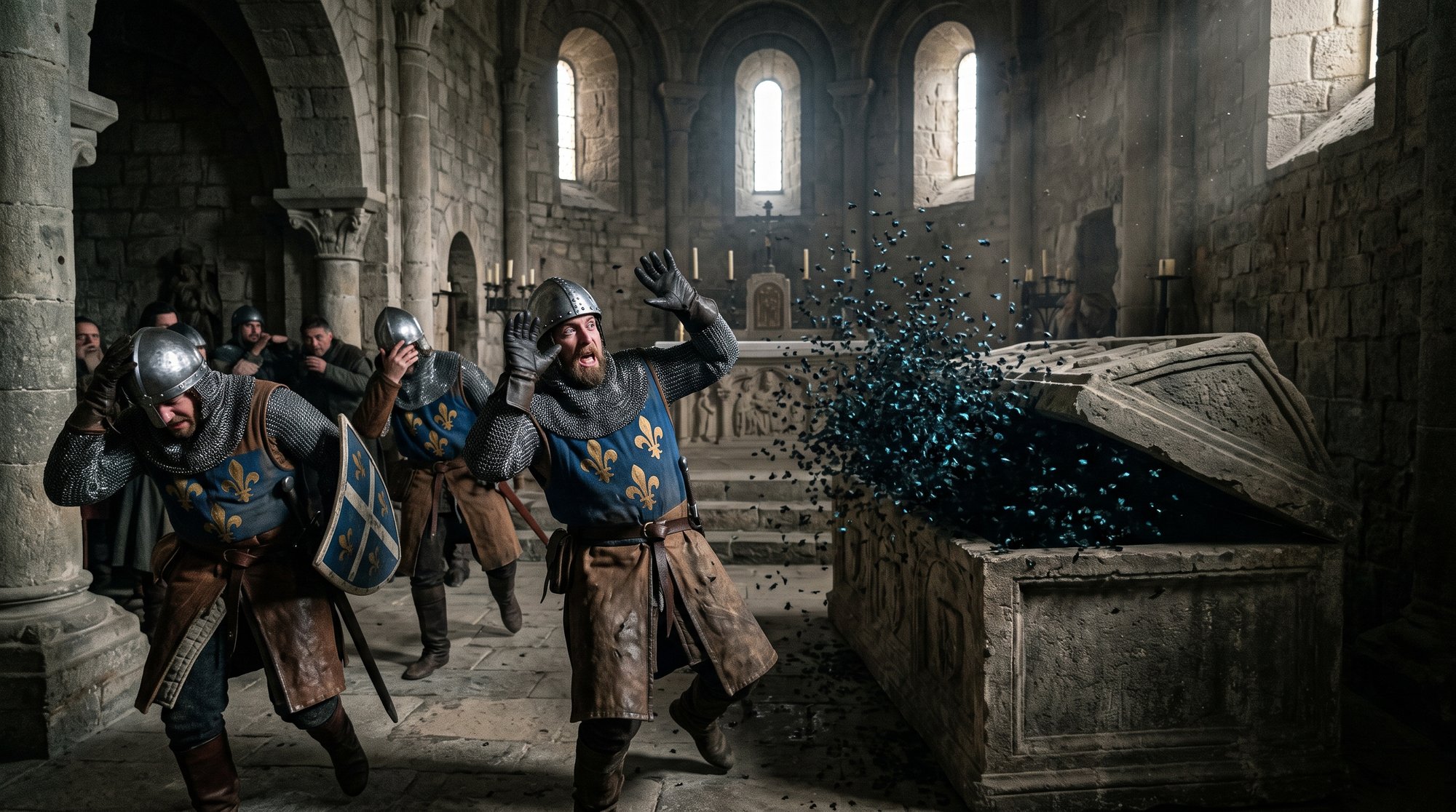 Reconstitution : le nuage de mouches jaillissant du tombeau profané de saint Narcisse et mettant en fuite les soldats français, Gérone, 1285