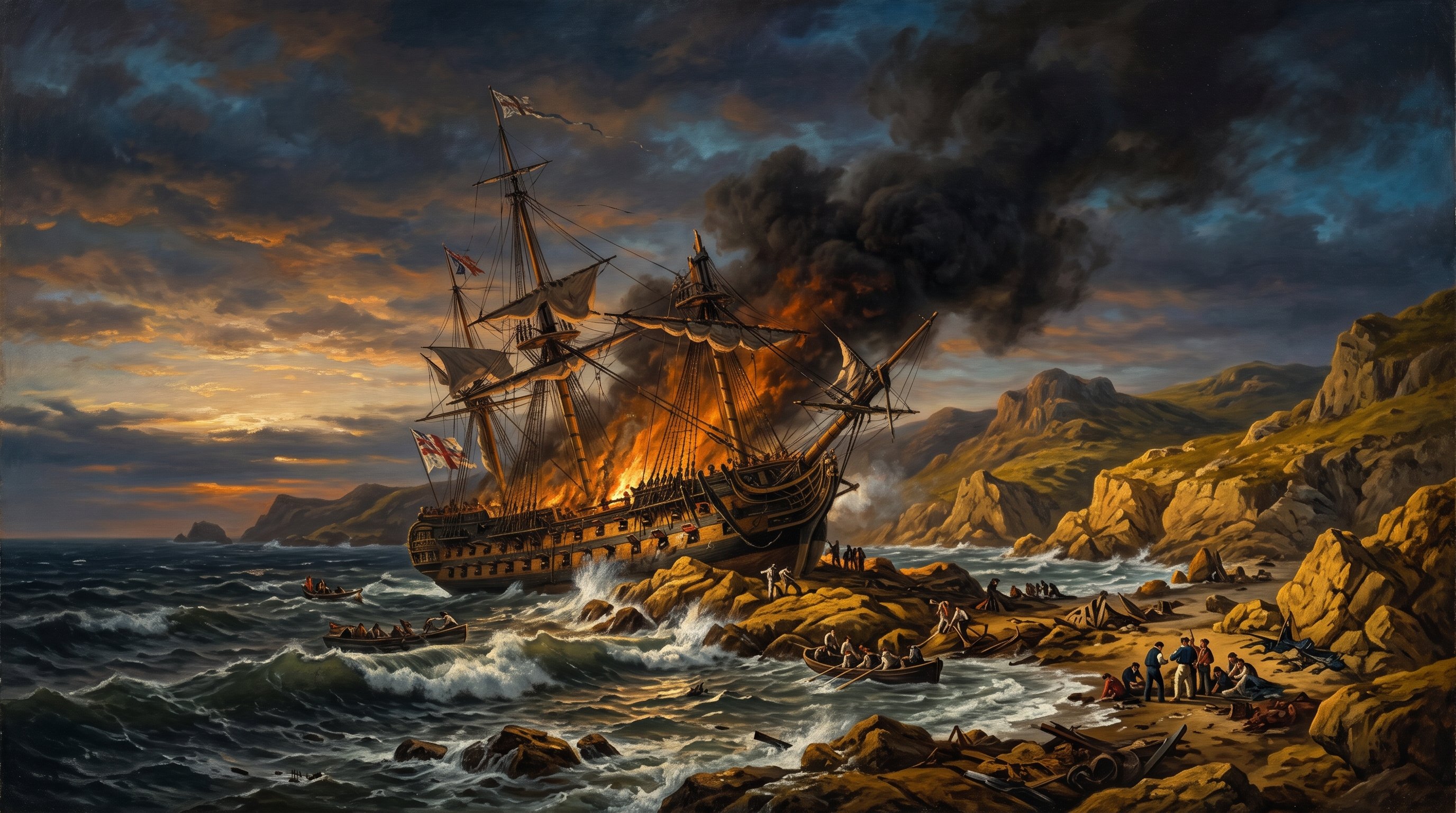 Vaisseau de guerre du XVIIIe siècle échoué et en flammes près d'une côte rocheuse dorée, fumée noire montant vers un ciel d'aube, mer agitée, scène dramatique de bataille navale, style peinture de marine historique