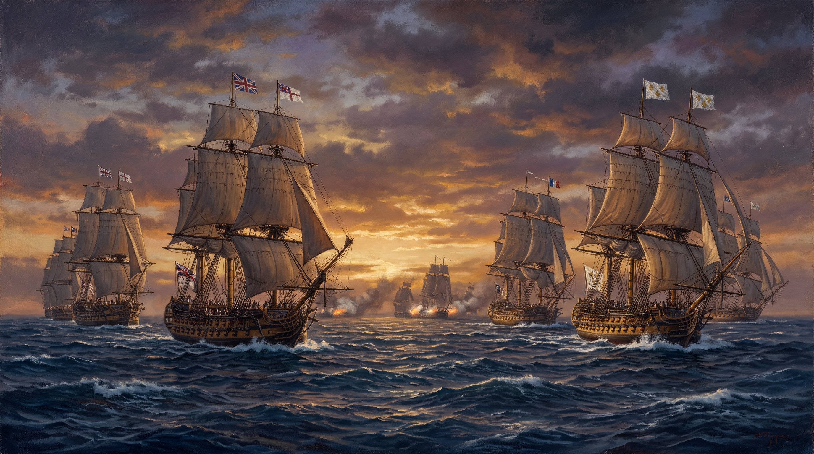 Deux escadres de voiliers de guerre du XVIIIe siècle en haute mer au crépuscule, voiles gonflées, mer d'un bleu profond, ambiance de poursuite navale, style peinture de marine historique réaliste