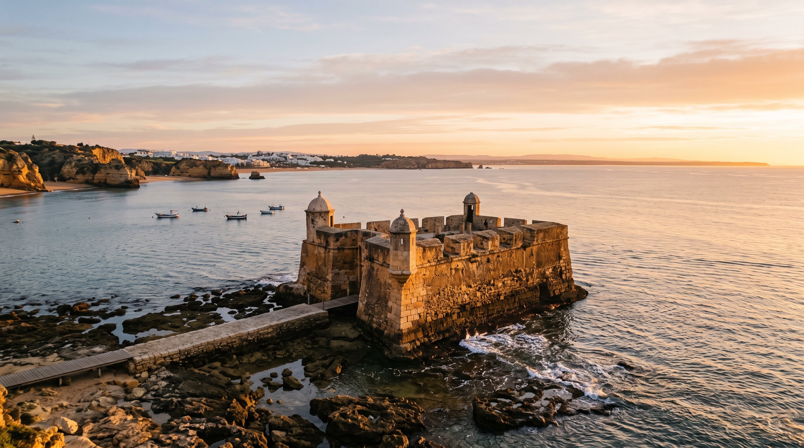 Le petit fort côtier de Lagos, Forte da Ponta da Bandeira, pierre ocre au bord de l'eau, baie calme de l'Algarve au lever du jour, lumière dorée rasante, aucune personne au premier plan