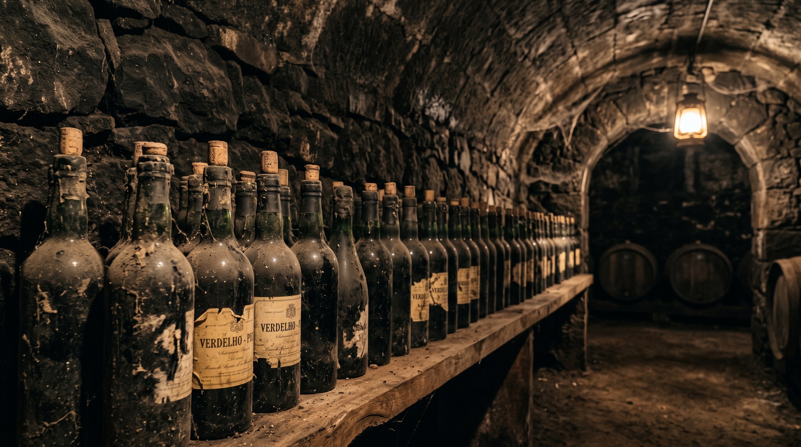 Vieilles bouteilles poussiéreuses de vin blanc verdelho de Pico alignées dans une cave voûtée en pierre sombre, ambiance de cellier ancien, lumière chaude et basse