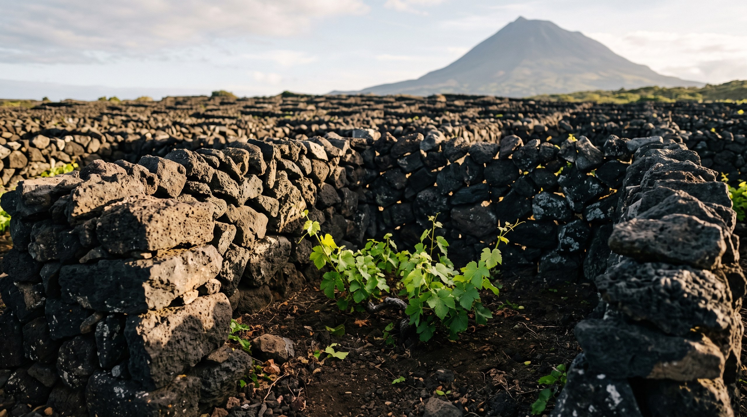Détail des murets de pierre de lave basaltique noire des currais de Pico, empilés sans mortier, avec de jeunes ceps de vigne poussant bas à l'abri du vent, lumière matinale rasante