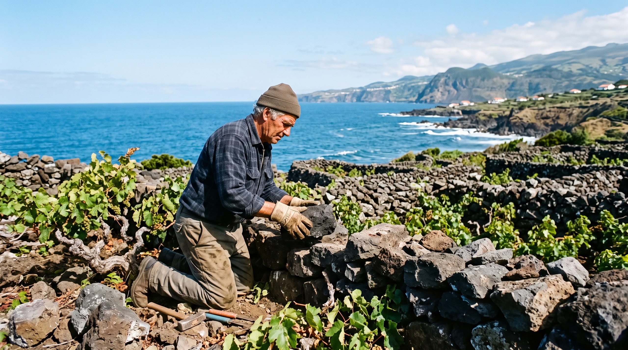 Vigneron açoréen relevant à mains nues un muret de pierre de lave dans un vignoble de Pico, blocs de basalte noir empilés, océan Atlantique à l'arrière-plan, ciel clair