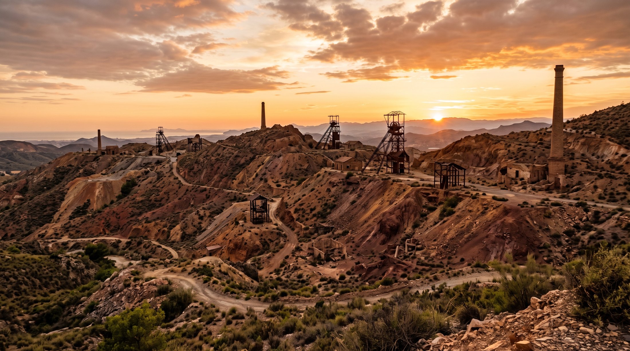 La Sierra Minera de La Unión au coucher du soleil, collines ocre et rouille couvertes de chevalements de fer rouillés et de cheminées de brique, ciel doré, aucune personne, photographie éditoriale de voyage