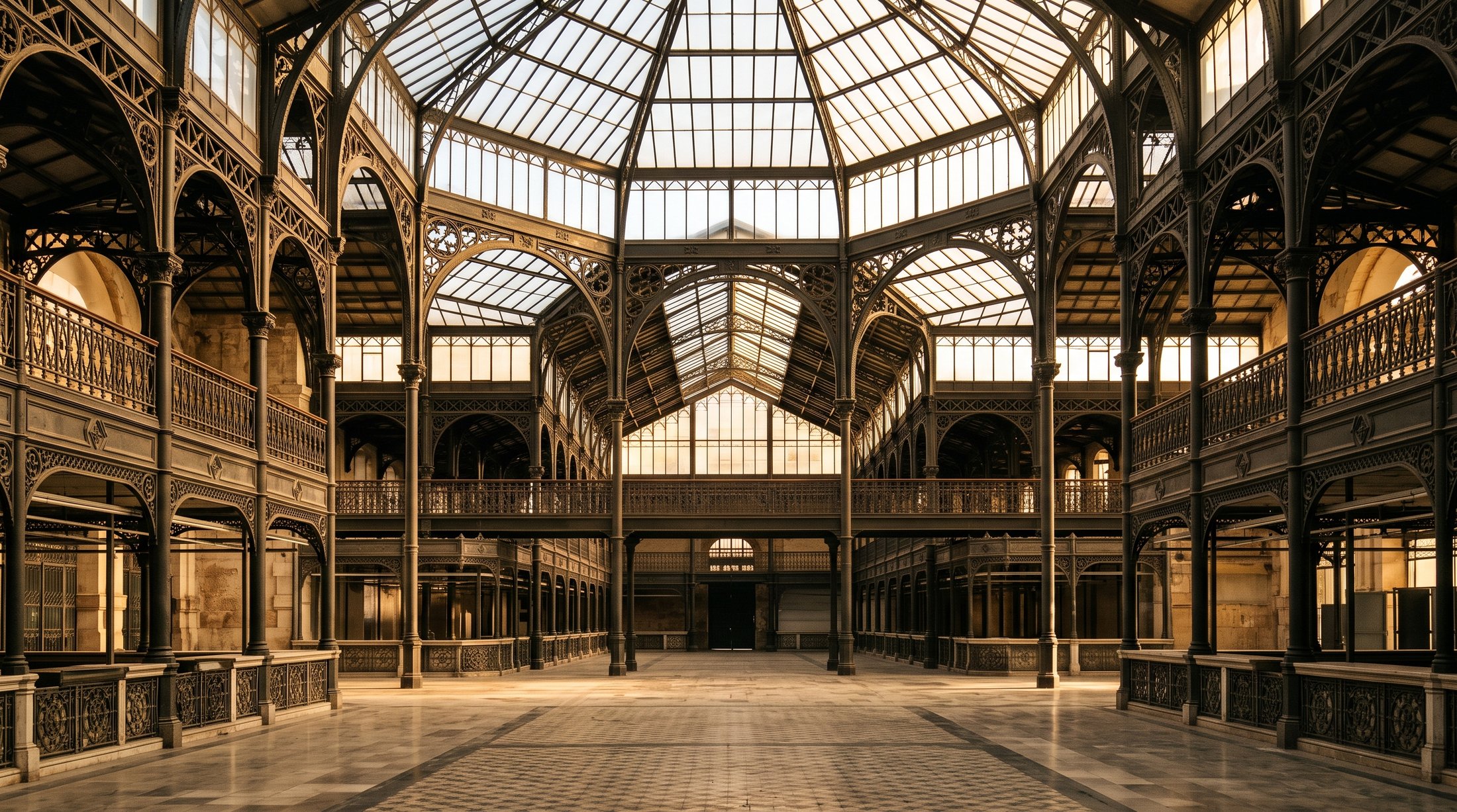 Intérieur de l'ancien marché moderniste de La Unión, charpente de fonte octogonale et verrière laissant tomber une lumière dorée, vaste espace vide et solennel, photographie éditoriale réaliste