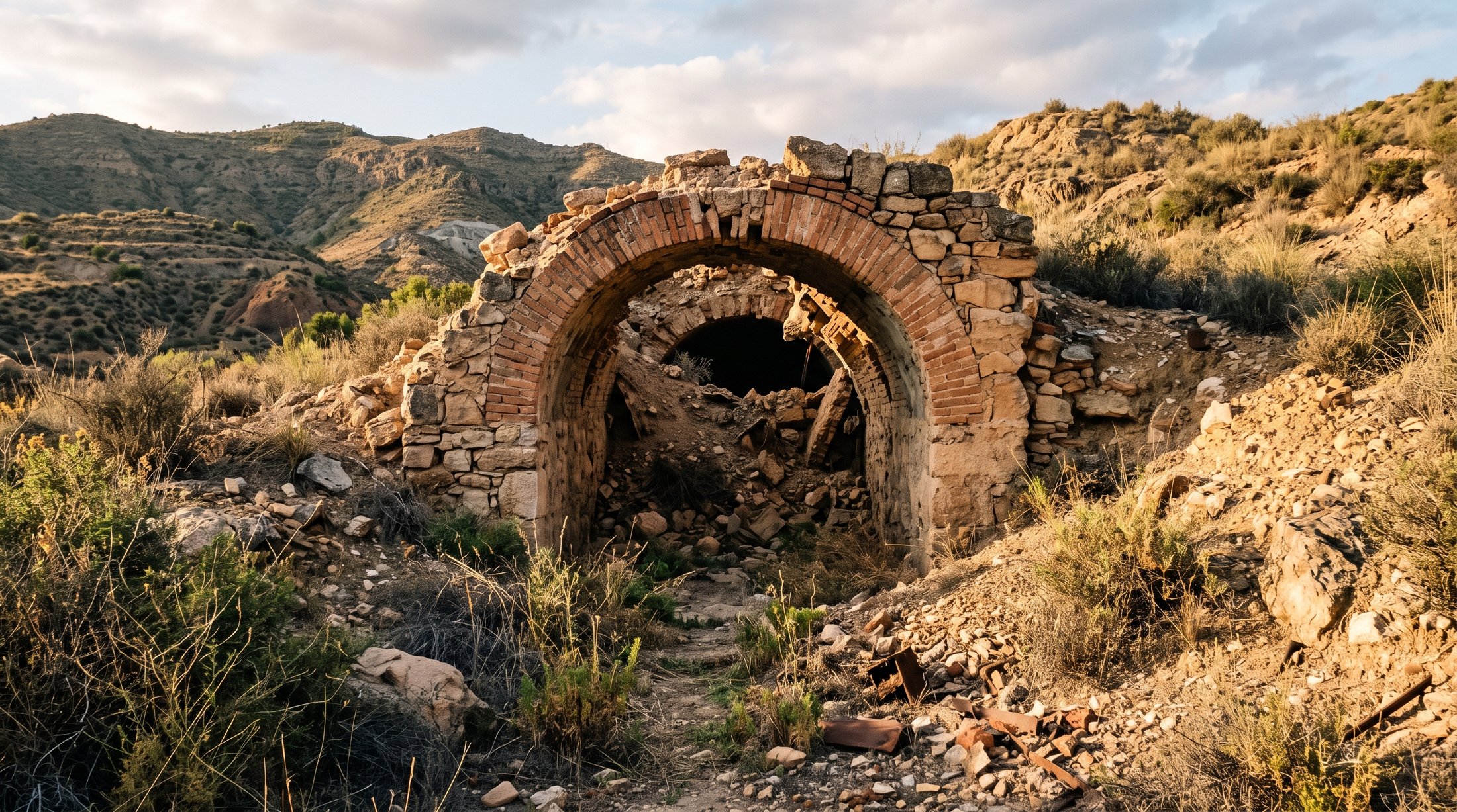 Entrée effondrée d'une ancienne galerie de mine dans la sierra de La Unión, arche de pierre et de brique, végétation sèche, lumière rasante, atmosphère mélancolique, photographie éditoriale réaliste