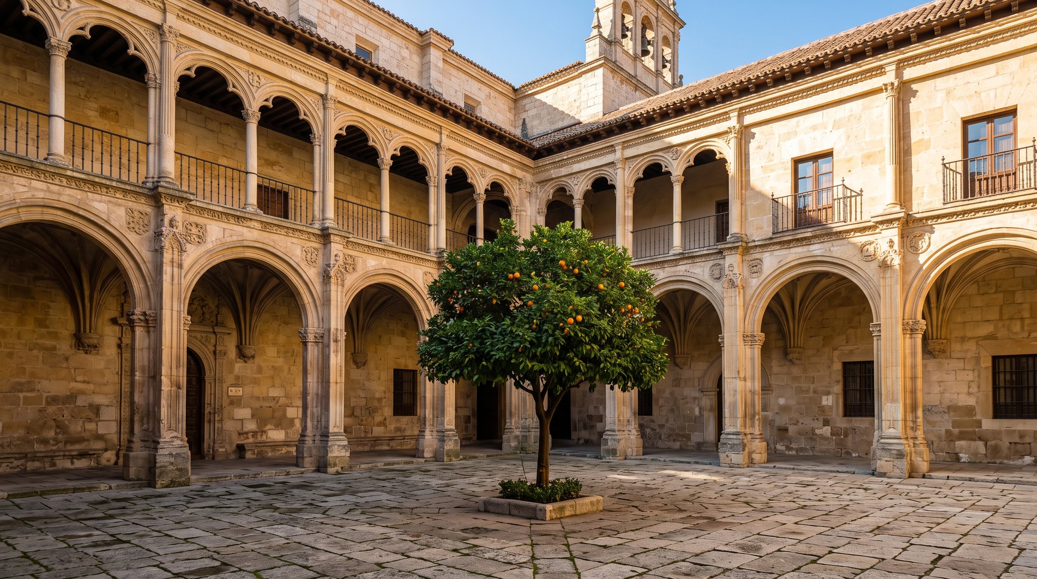 Cour intérieure d'un collège castillan du XVIe siècle à Valladolid, arcades de pierre dorée, un oranger au centre, lumière rasante d'automne, atmosphère de séminaire ancien