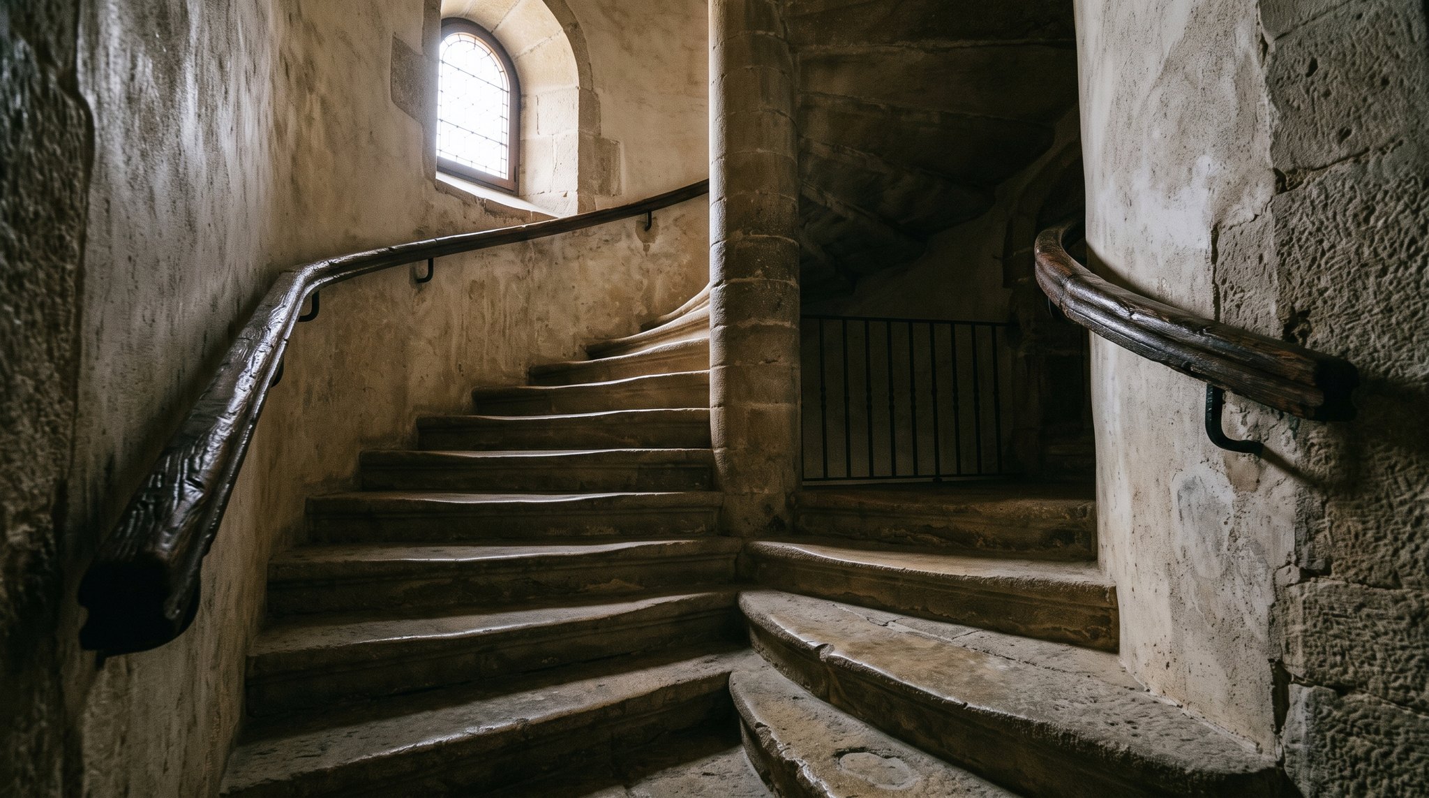 Escalier de pierre ancien aux marches usées dans un séminaire castillan, rampe patinée, lumière tamisée descendant d'une fenêtre haute, ambiance grave et recueillie