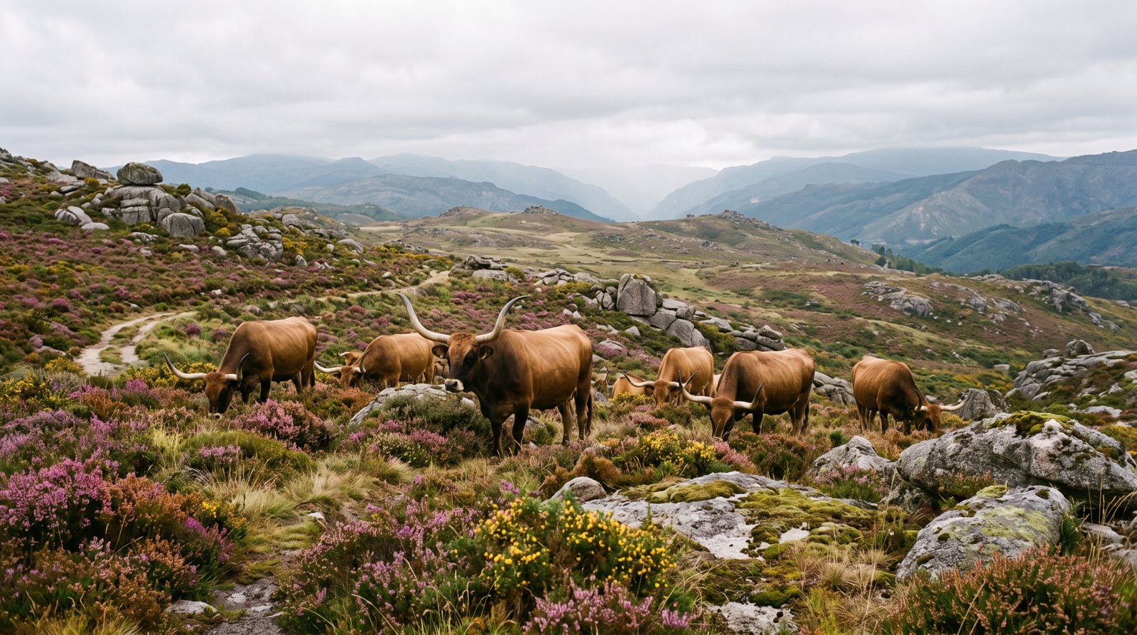 Vaches de race barrosã aux longues cornes recourbées paissant librement sur un baldio, lande de bruyère et de granit en montagne, Barroso, Portugal