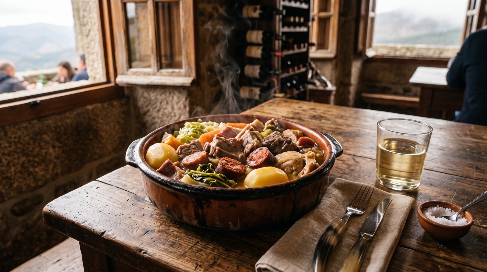 Table rustique en bois avec un cozido do Barroso fumant, viande, chouriça et pommes de terre dans un plat de terre, un verre de vin pâle à côté, lumière naturelle par une fenêtre, aucune personne