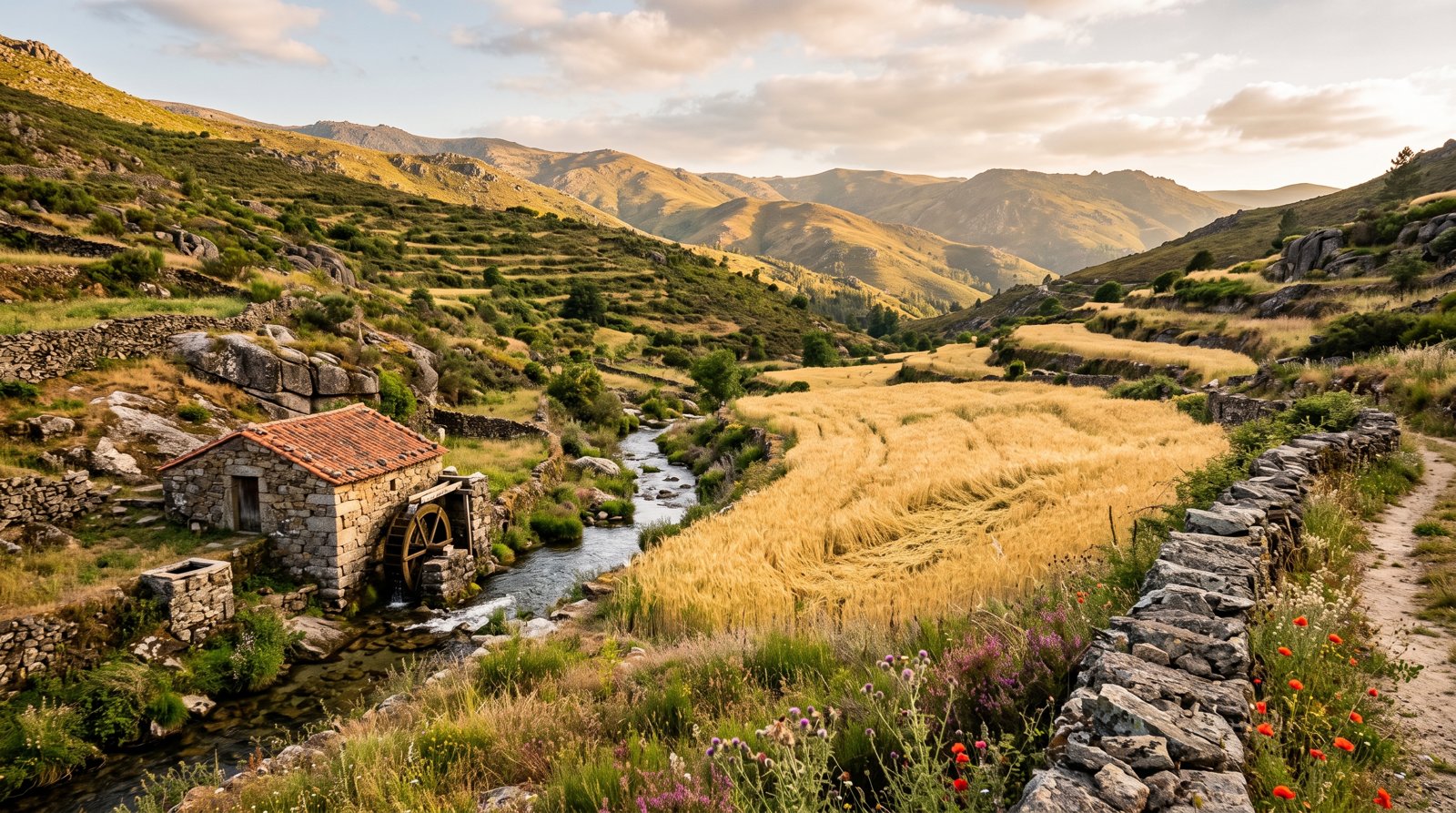 Champ de seigle doré sur une pente de montagne à Barroso, petit moulin de pierre au bord d