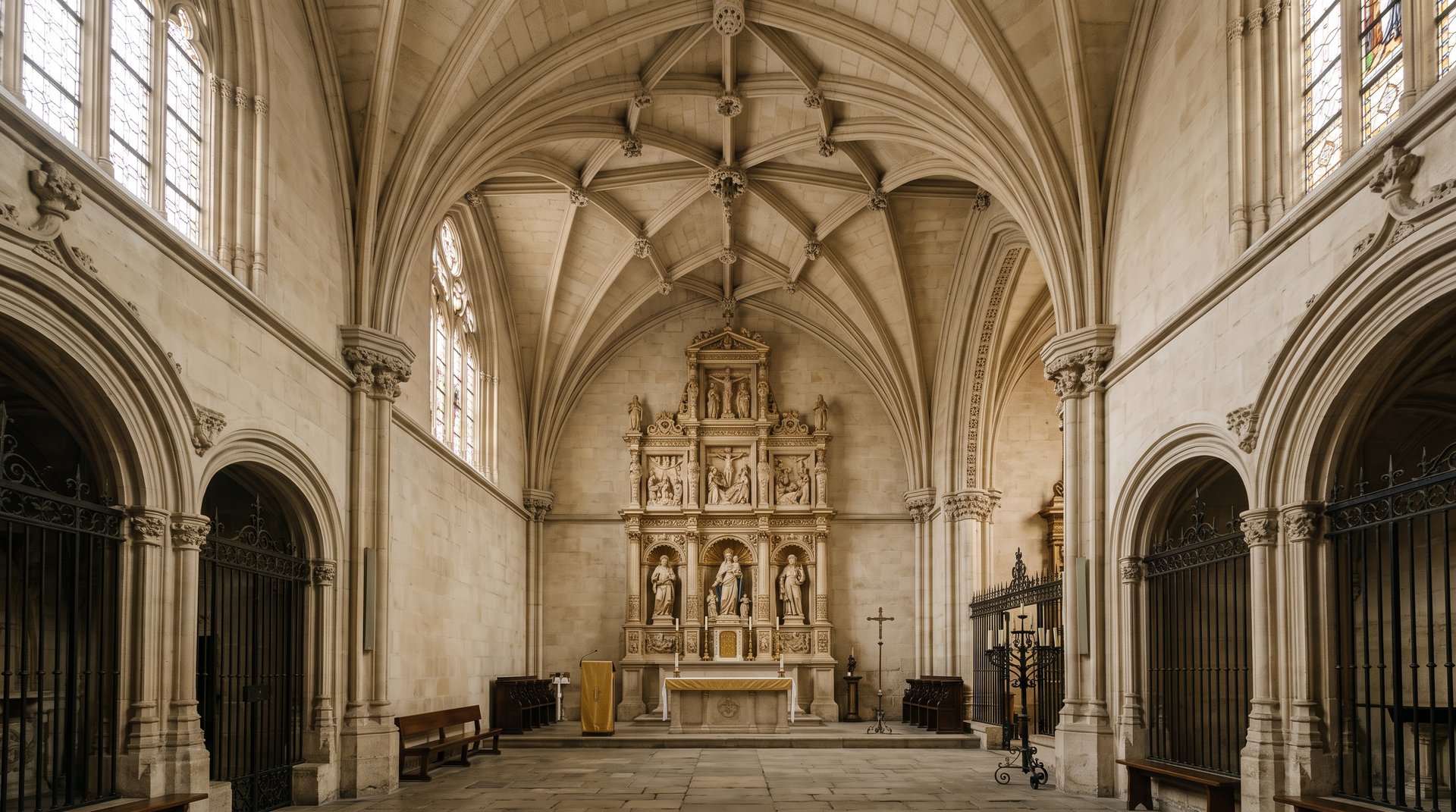 Vue de la salle capitulaire gothique de la cathédrale de Valence, voûtes en éventail nervurées, où repose le Saint Calice, atmosphère solennelle