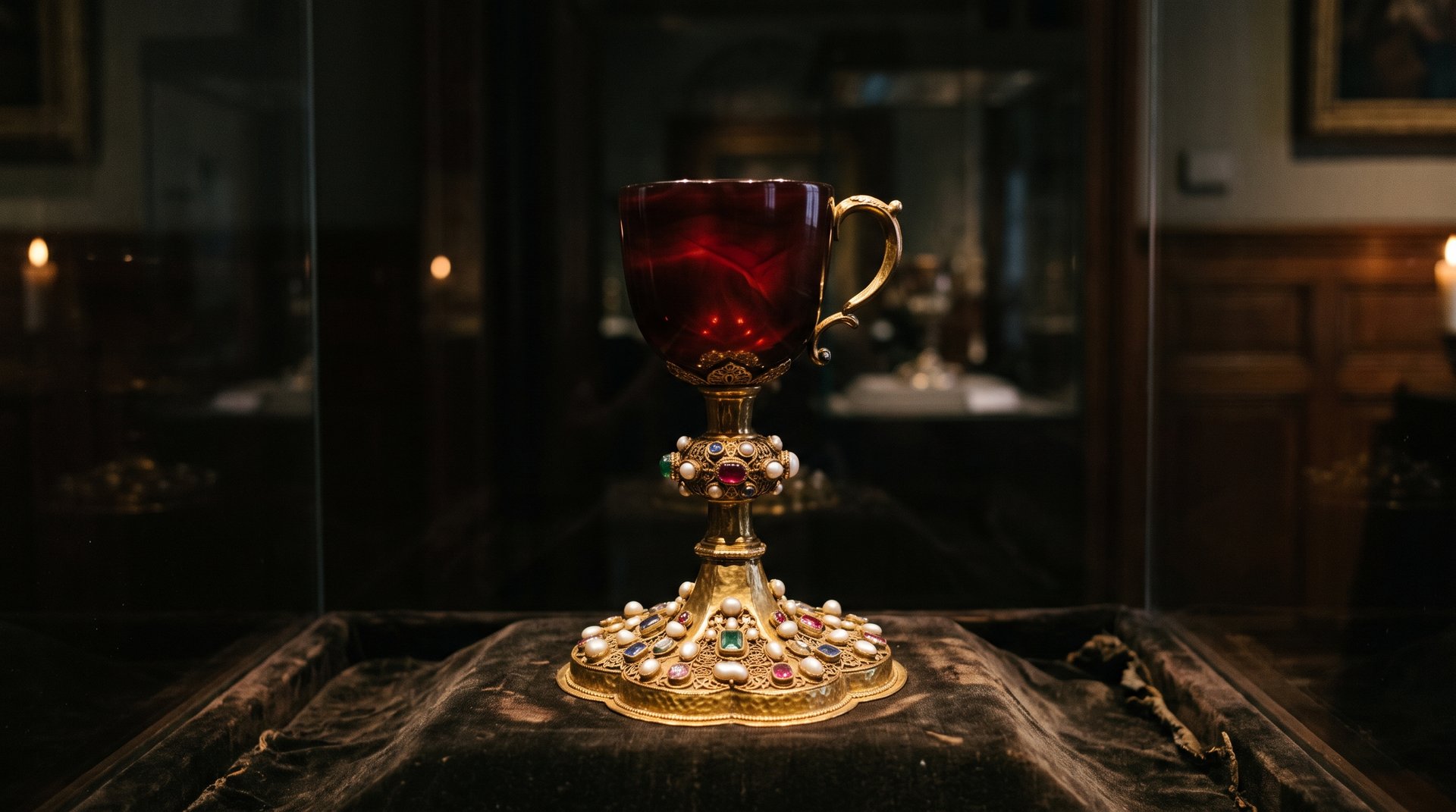 Gros plan de la coupe d'agate rouge translucide du Santo Cáliz montée sur un pied d'or médiéval serti de perles, lumière chaude de cierge