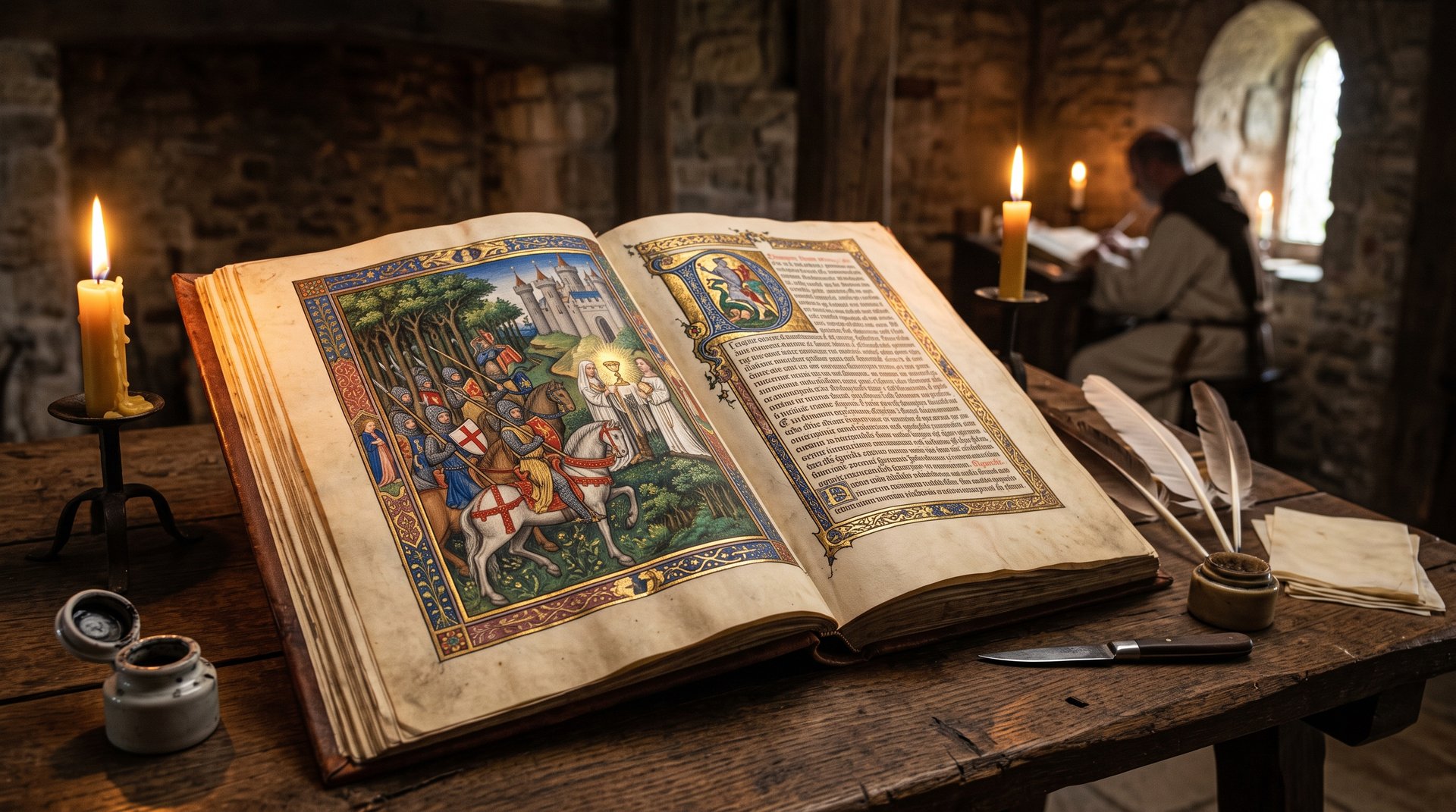 Manuscrit médiéval enluminé ouvert représentant une scène de quête du Graal, chevaliers arthuriens, atelier de copiste champenois du XIIe siècle