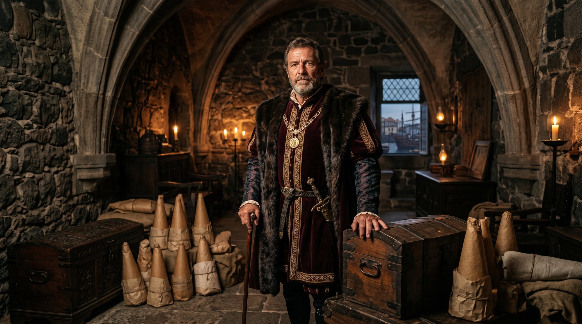 Portrait imaginé d'un riche capitaine portugais de la Renaissance dans une salle voûtée de Funchal, coffres de pains de sucre blancs autour de lui, tenue de velours sombre du début du XVIe siècle, lumière de bougie