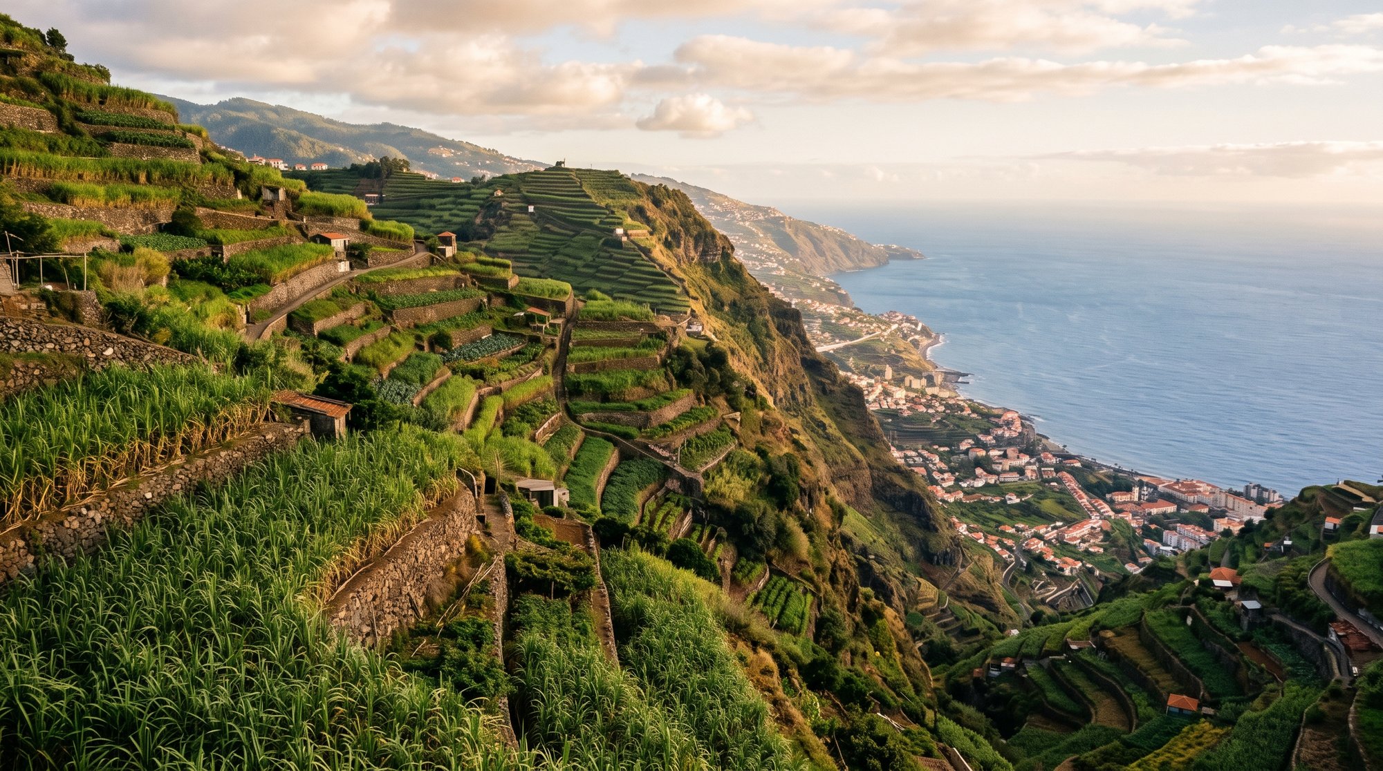 Terrasses de canne à sucre en escaliers sur les pentes vertigineuses au-dessus de Funchal, mer bleue de l'Atlantique en contrebas, lumière chaude de fin d'après-midi, ambiance historique et documentaire