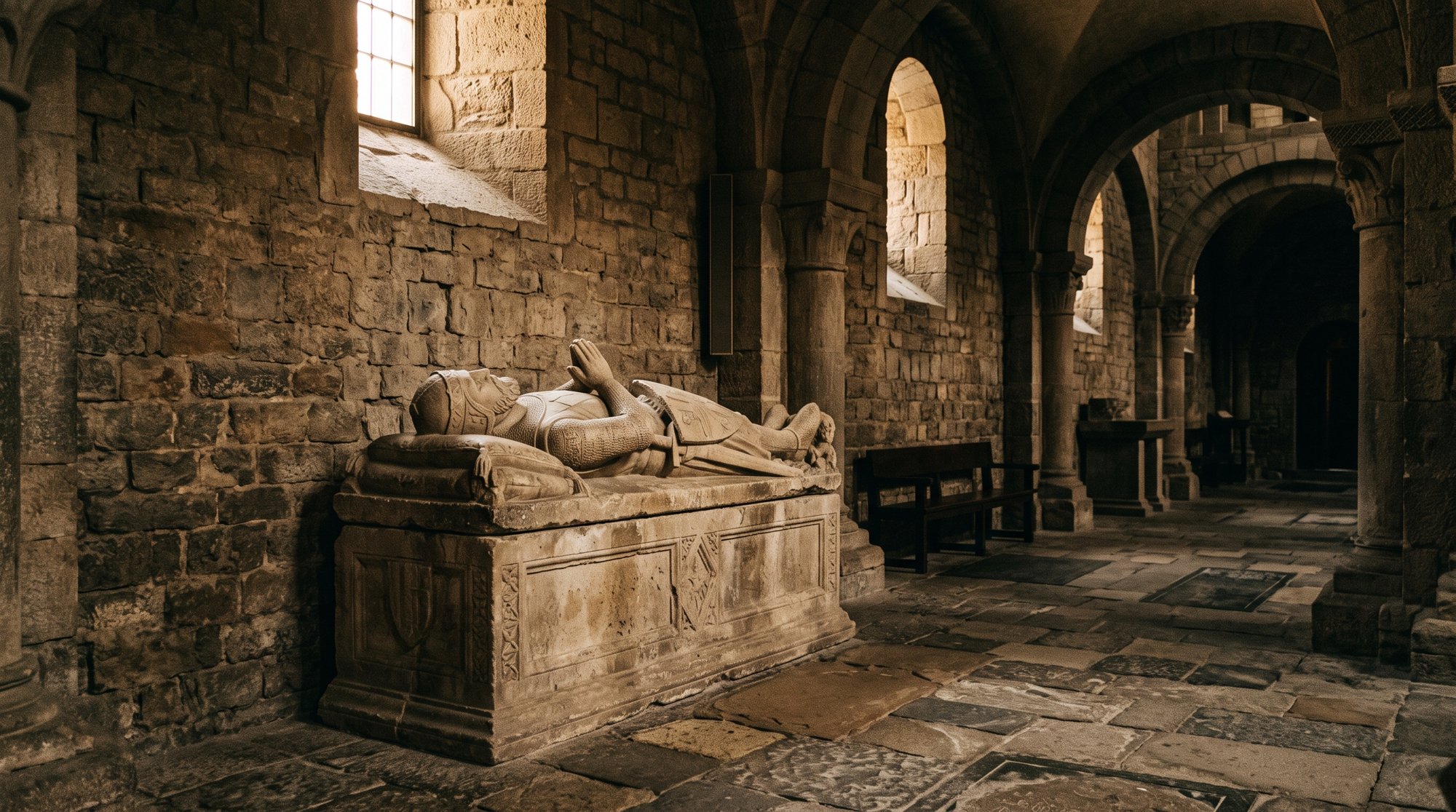 Tombeau médiéval en pierre de Guifré le Velu dans la nef de l'église abbatiale de Ripoll, gisant sobre, lumière tamisée d'intérieur roman, Catalogne